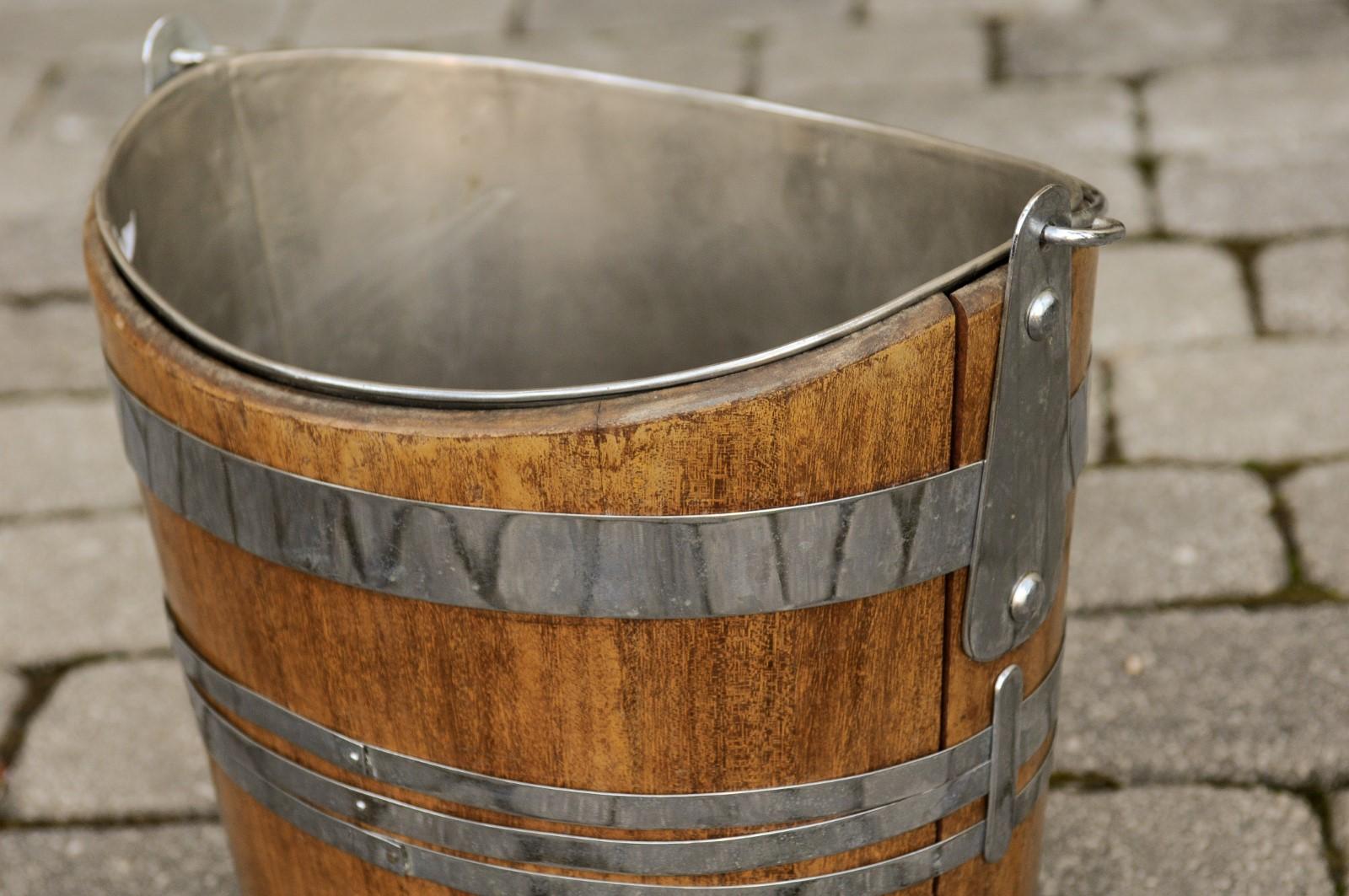 English 1880s Oak Bucket with Silver Plated Accents, Liner and Large Handle 5