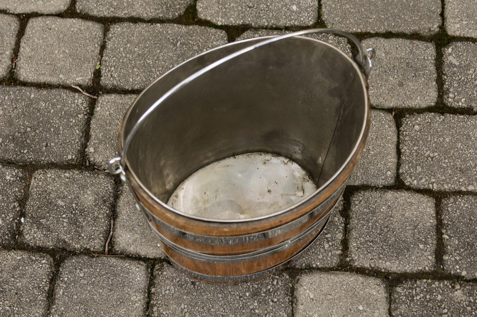 19th Century English 1880s Oak Bucket with Silver Plated Accents, Liner and Large Handle