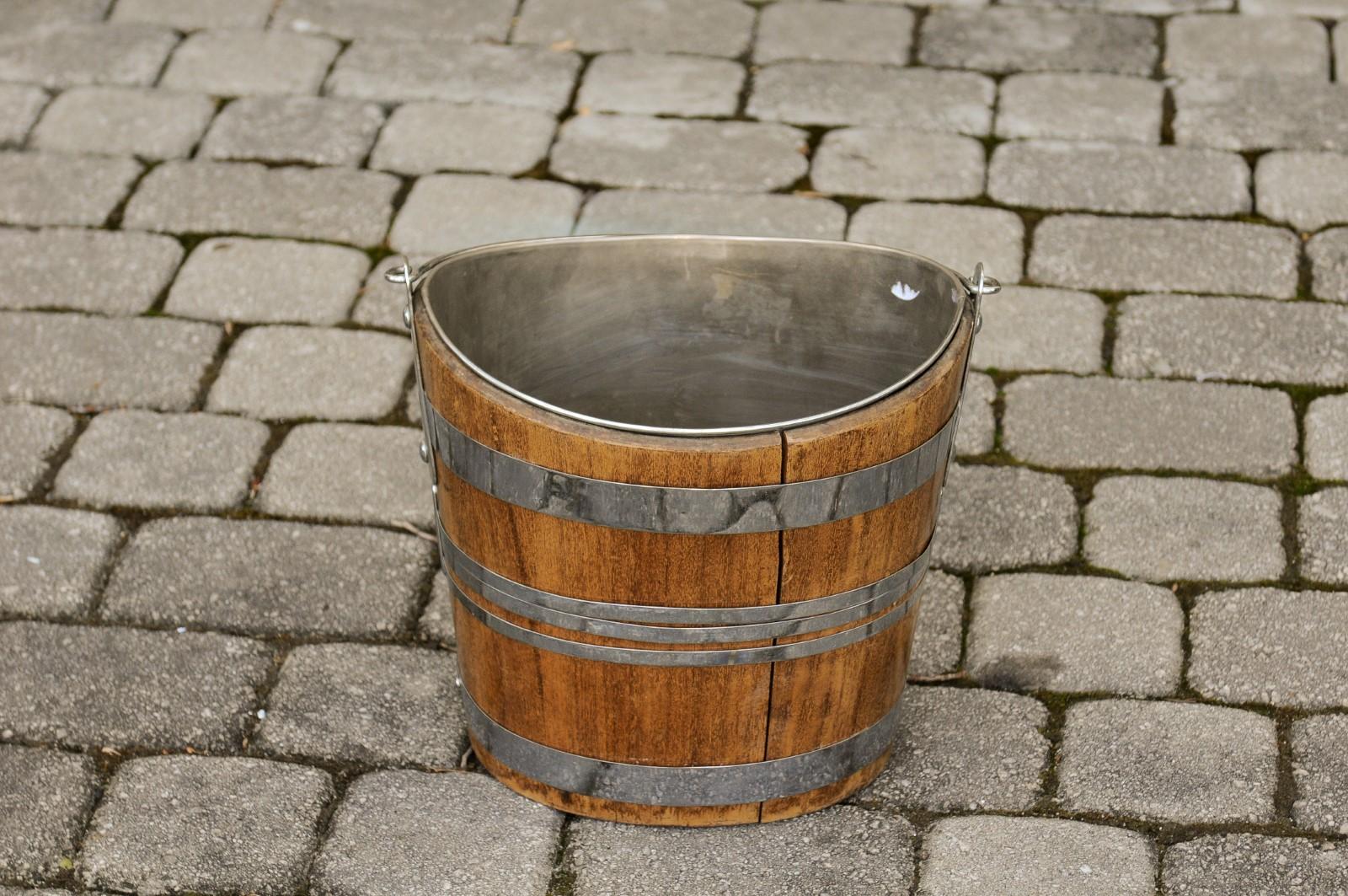 English 1880s Oak Bucket with Silver Plated Accents, Liner and Large Handle 2