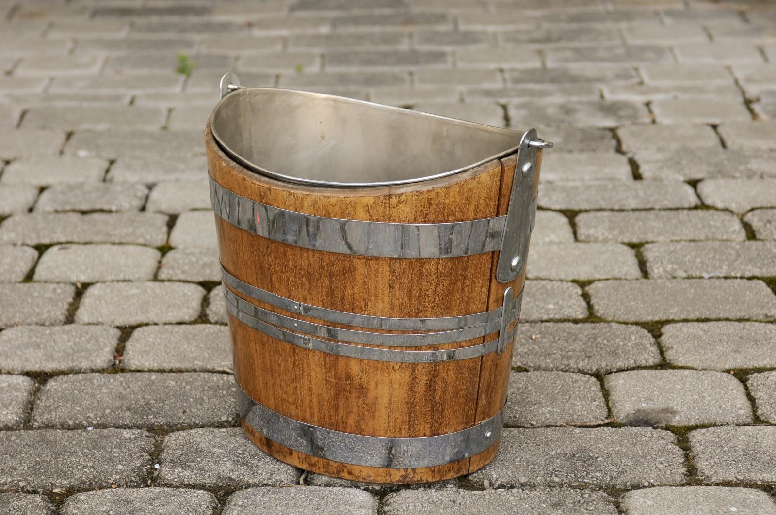 English 1880s Oak Bucket with Silver Plated Accents, Liner and Large Handle 4