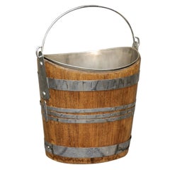 English 1880s Oak Bucket with Silver Plated Accents, Liner and Large Handle