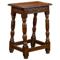 English 1880s Oak Joint Stool with Carved Apron and Turned Splaying Legs