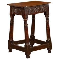 English 1880s Oak Joint Stool with Carved Apron and Turned Splaying Legs