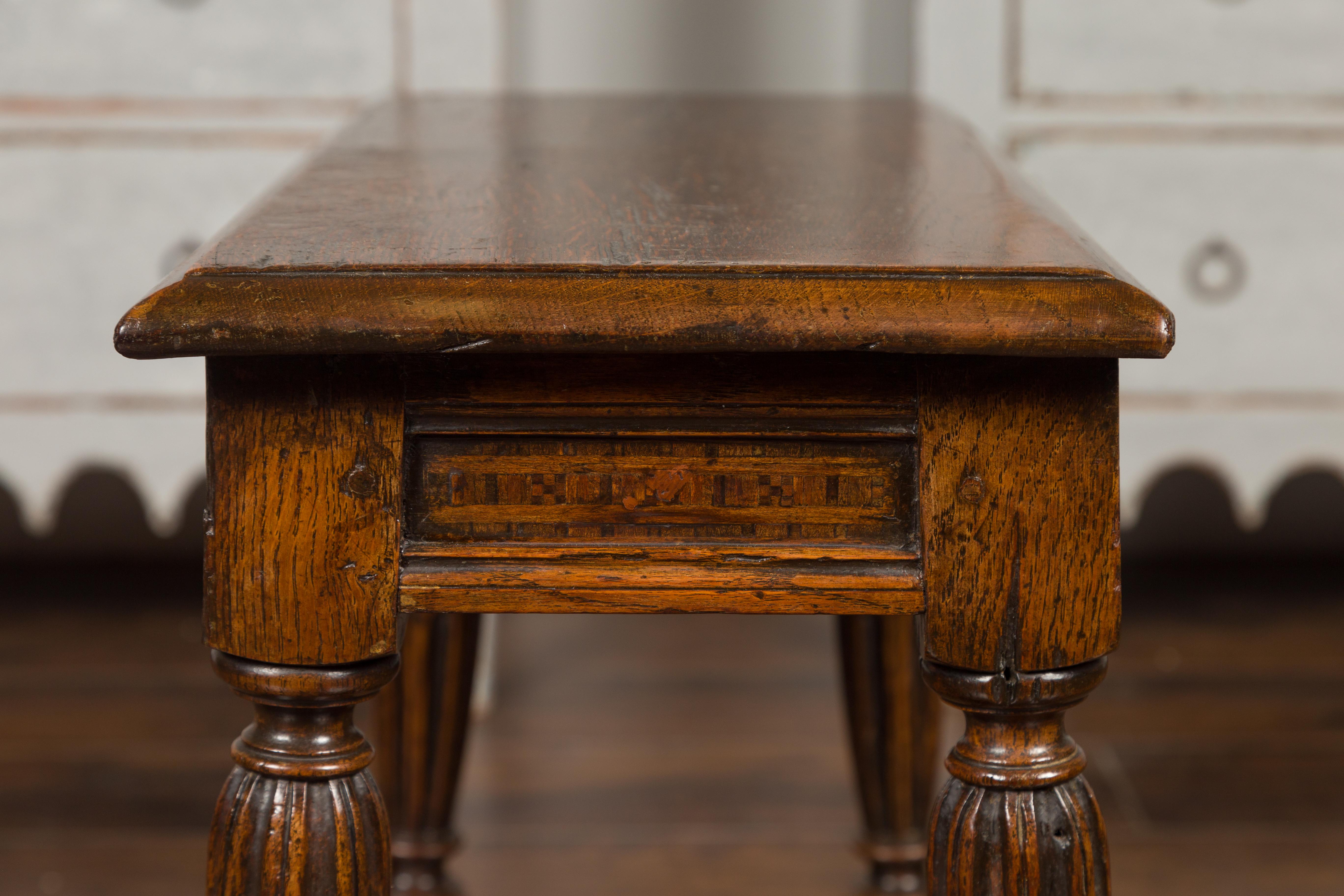 English 1880s Oak Joint Stool with Inlaid Apron, Carved Legs and Side Stretchers 7