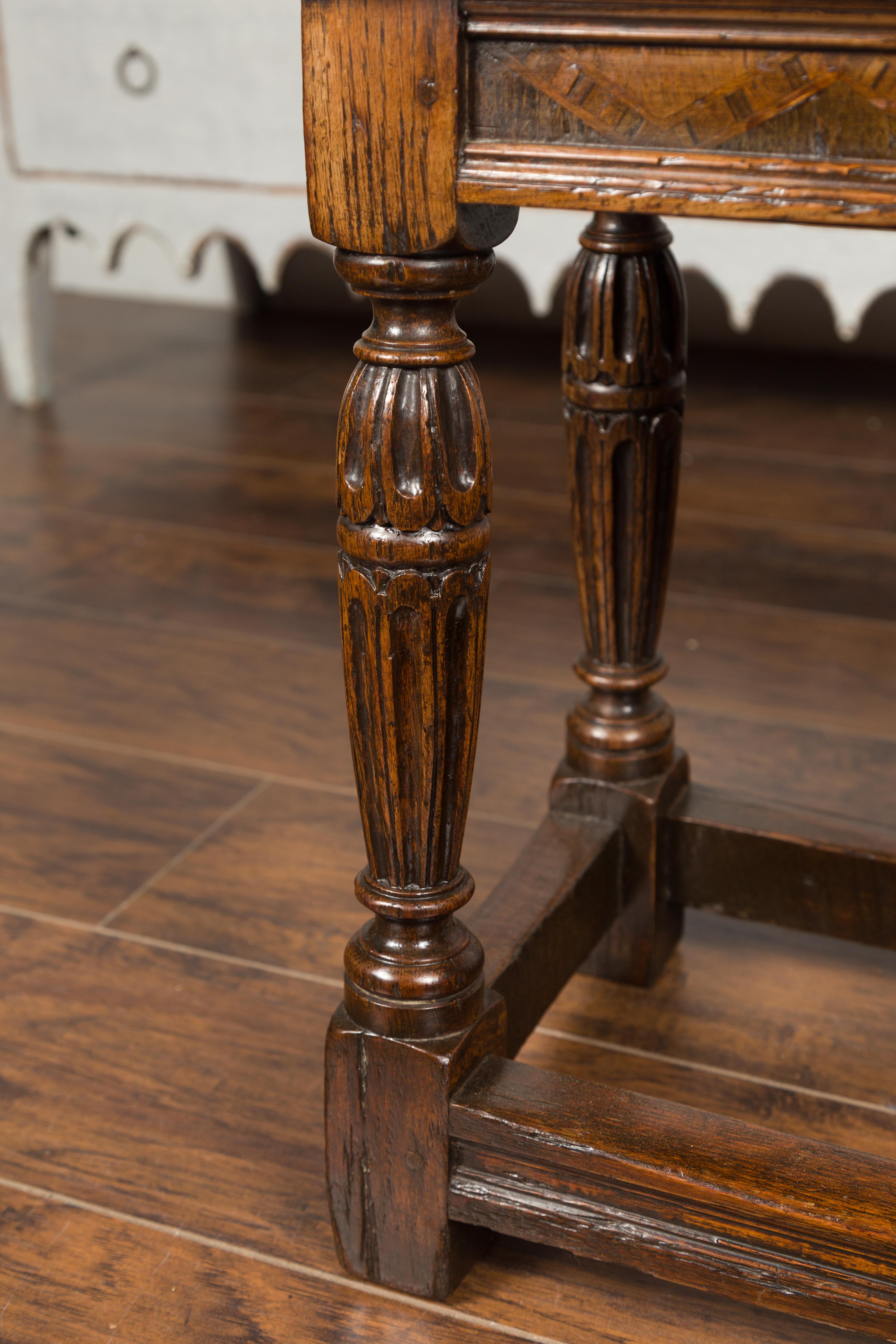 English 1880s Oak Joint Stool with Inlaid Apron, Carved Legs and Side Stretchers 2