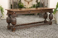English 1880s Oak Serving Table with Black Geometrical Décor and Carved Legs