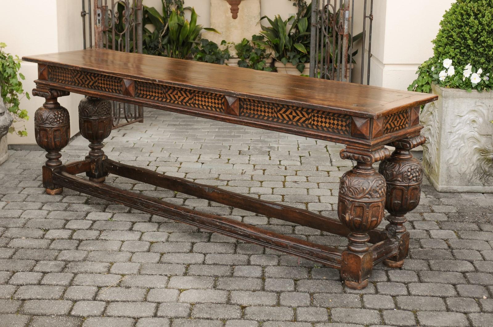 English 1880s Oak Serving Table with Black Geometrical Décor and Carved Legs 2