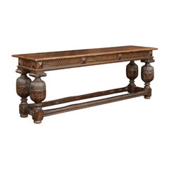 Antique English 1880s Oak Serving Table with Black Geometrical Décor and Carved Legs