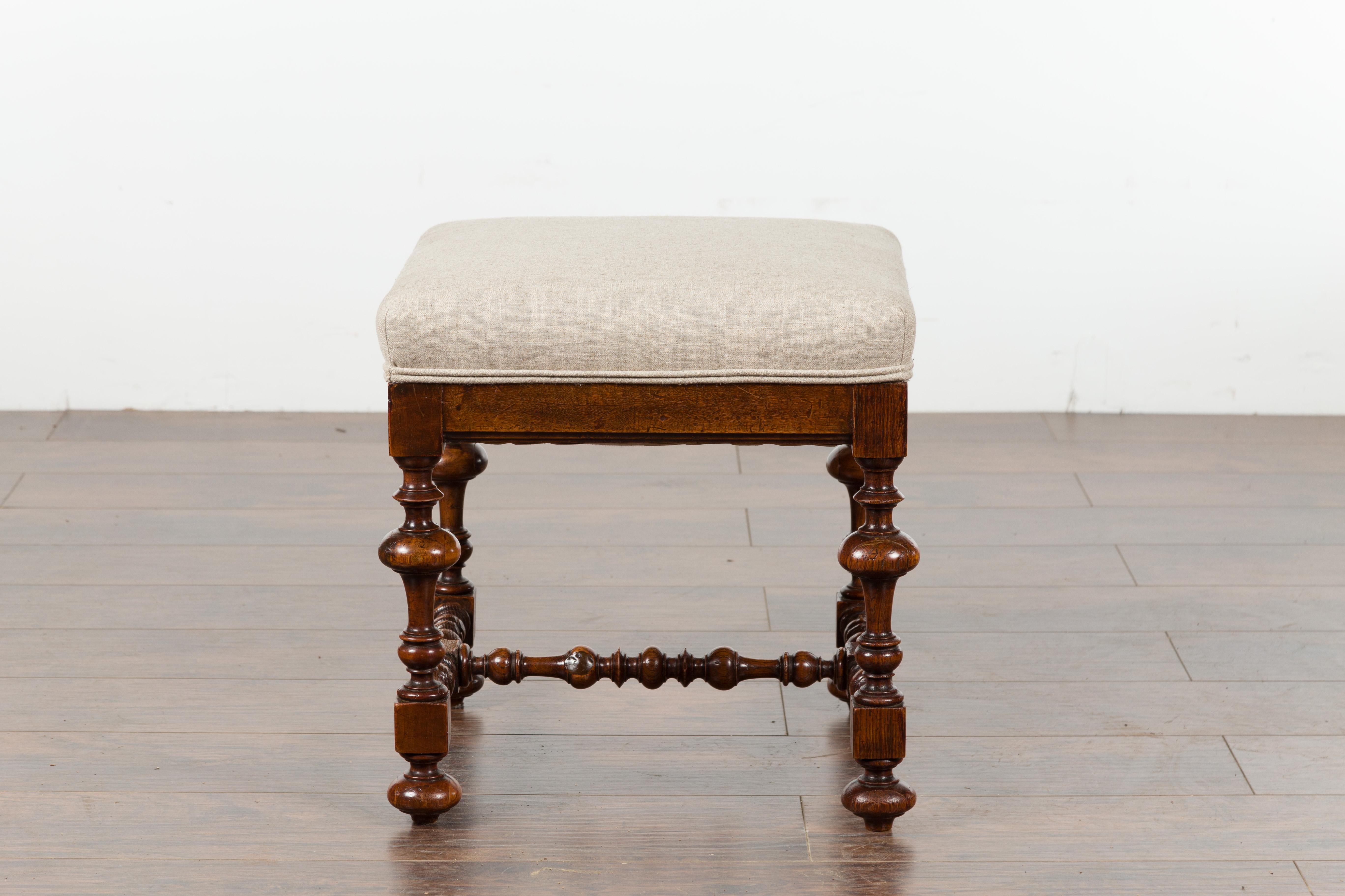 English 1880s Oak Stool with Turned Base and New Linen Upholstery 6