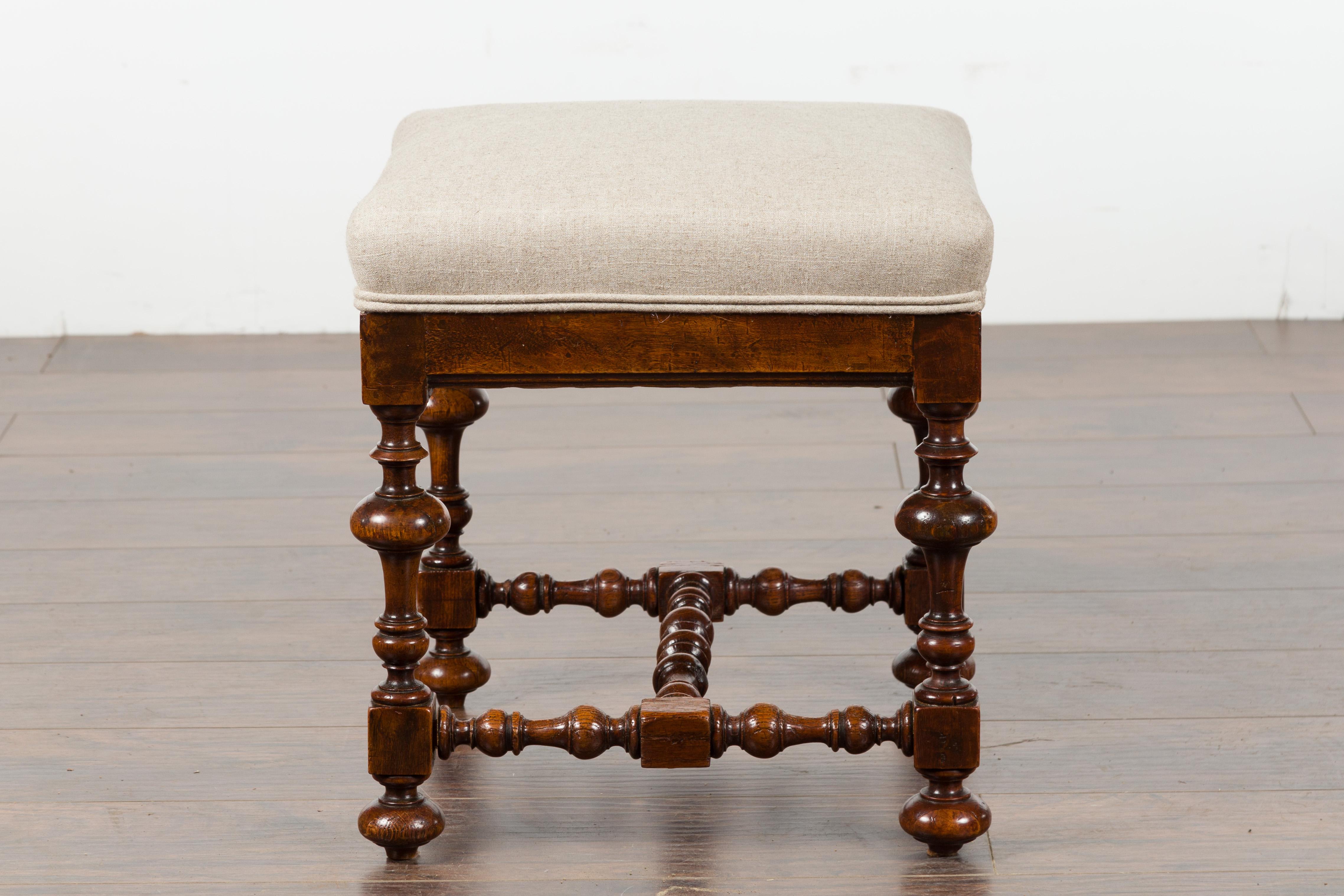 English 1880s Oak Stool with Turned Base and New Linen Upholstery 7
