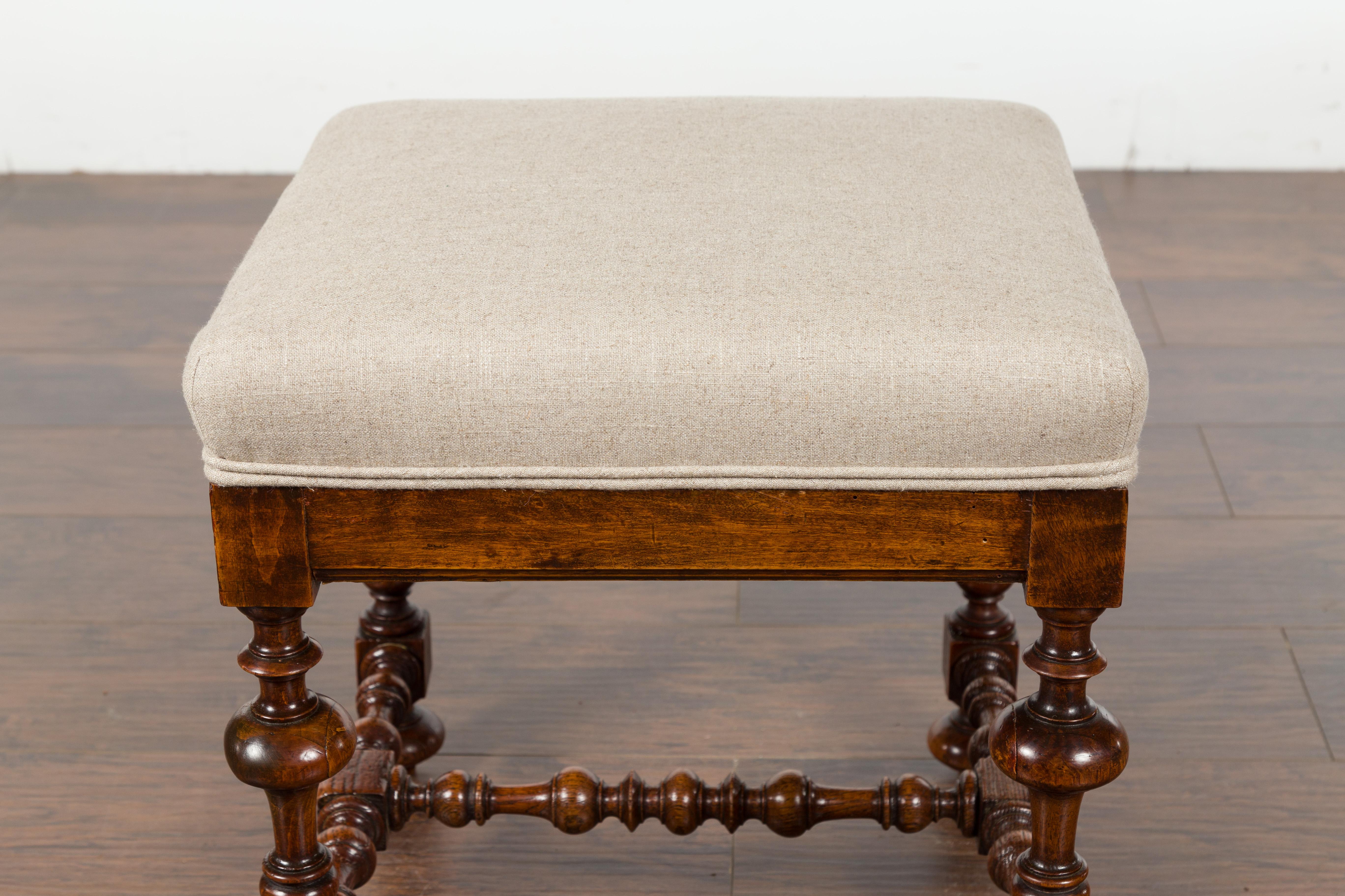 19th Century English 1880s Oak Stool with Turned Base and New Linen Upholstery