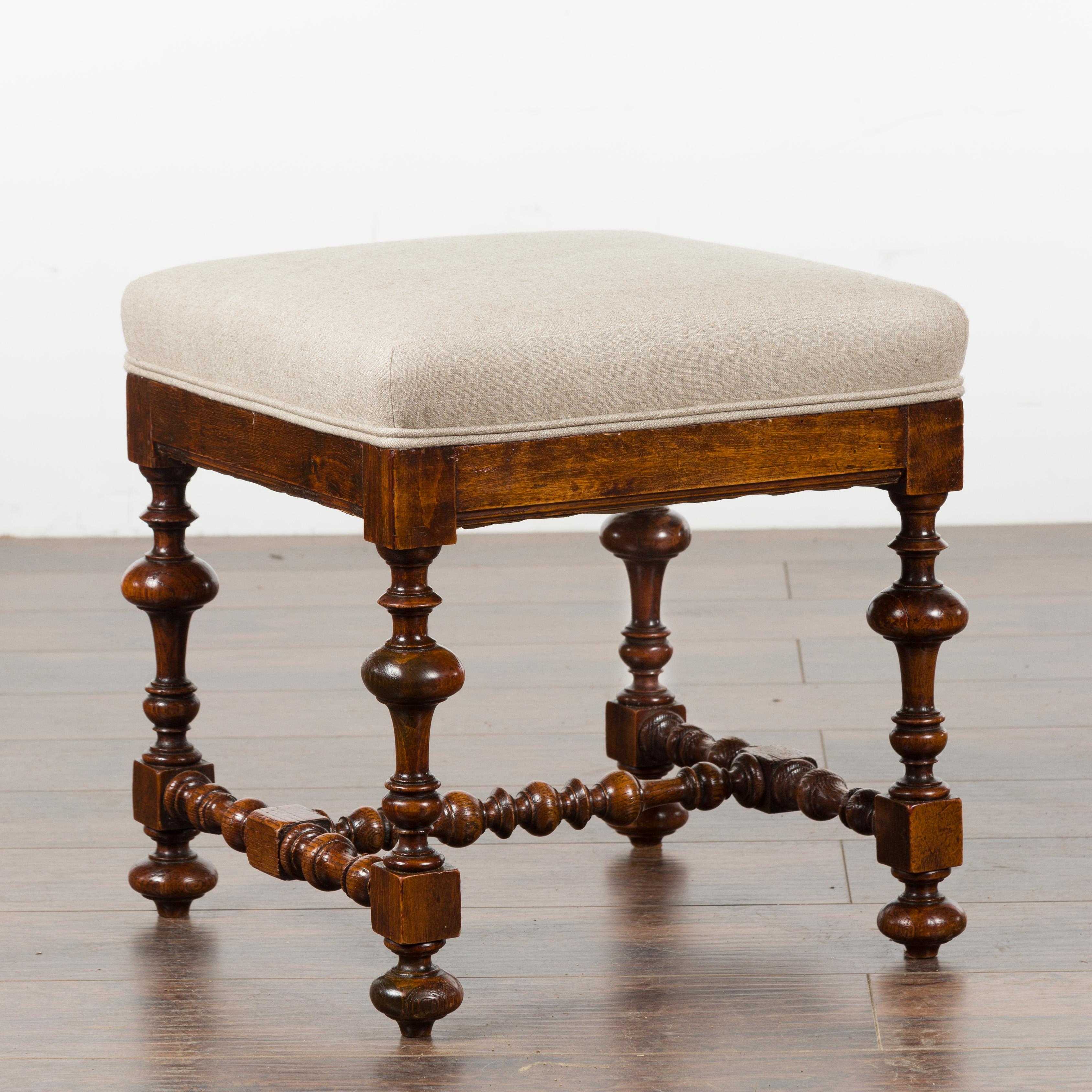 English 1880s Oak Stool with Turned Base and New Linen Upholstery 3