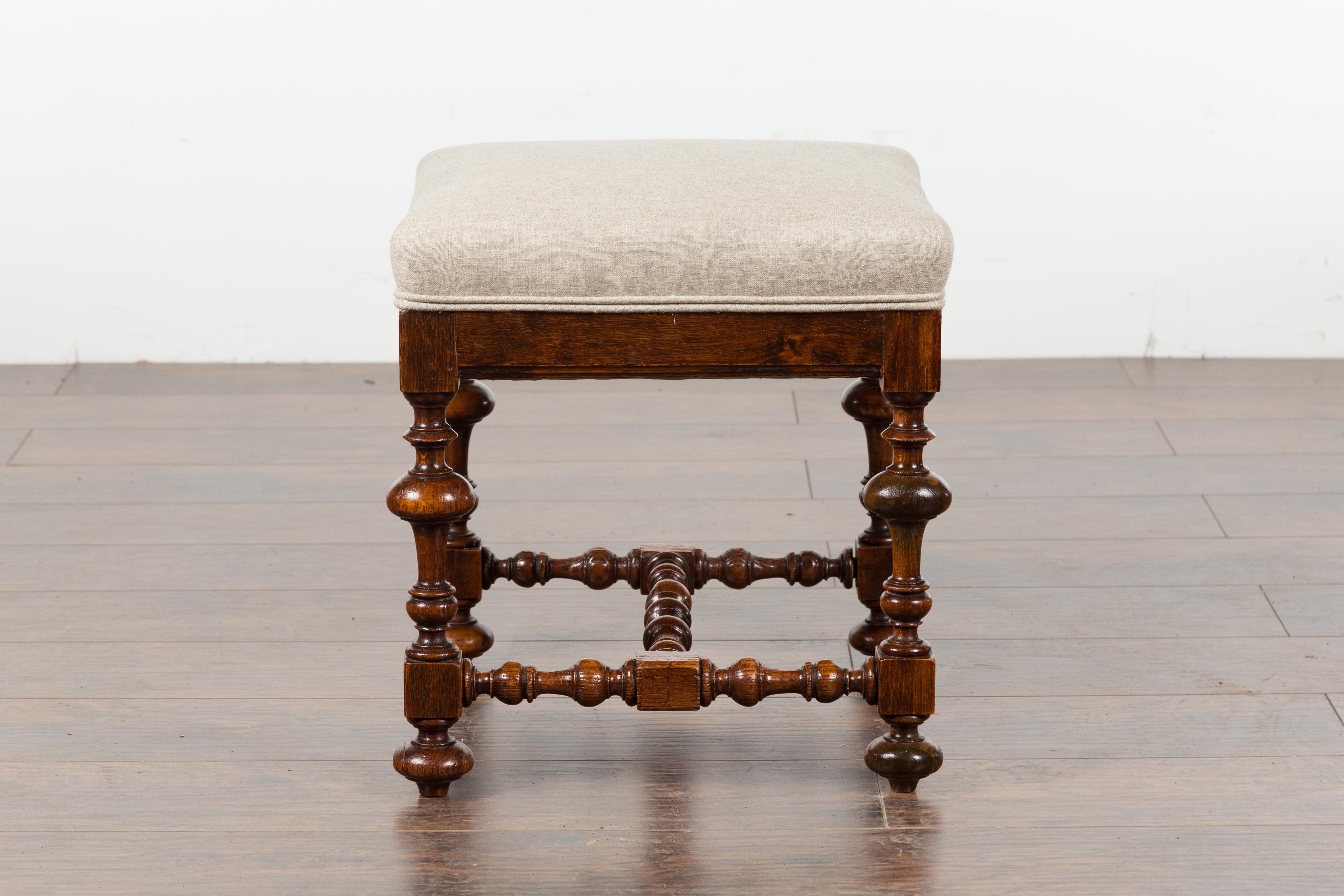 English 1880s Oak Stool with Turned Base and New Linen Upholstery 5