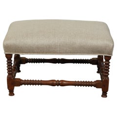 English 1880s Oak Stool with Turned Legs and Newly Upholstered Seat