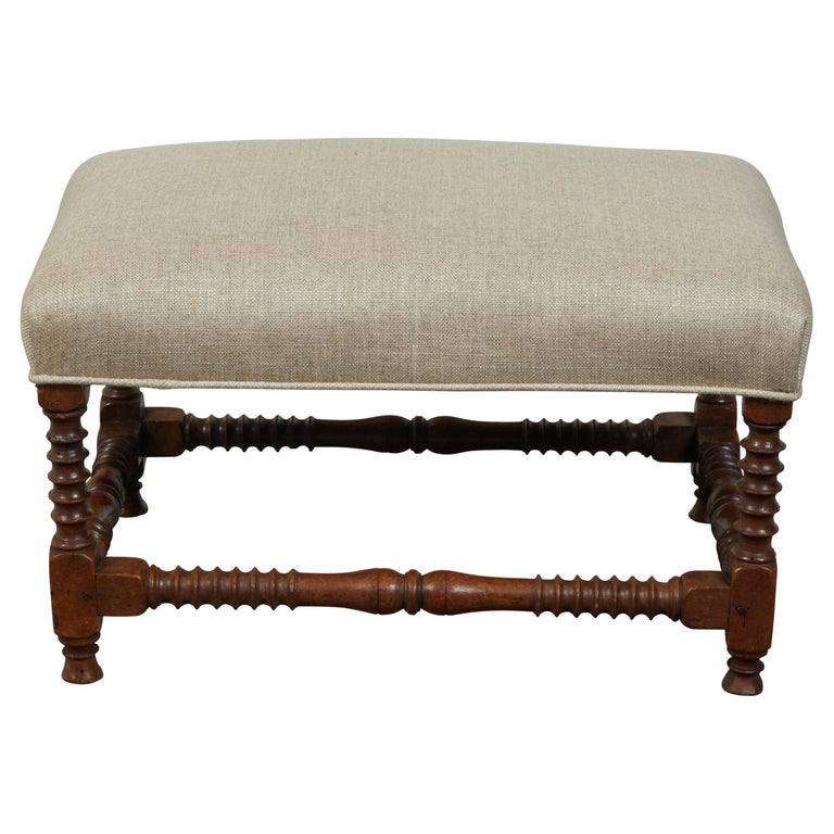 English 1880s Oak Stool with Turned Legs and Newly Upholstered Seat at ...