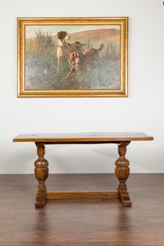 English 1880s Oak Table with Large Turned Legs and Low Cross Stretcher