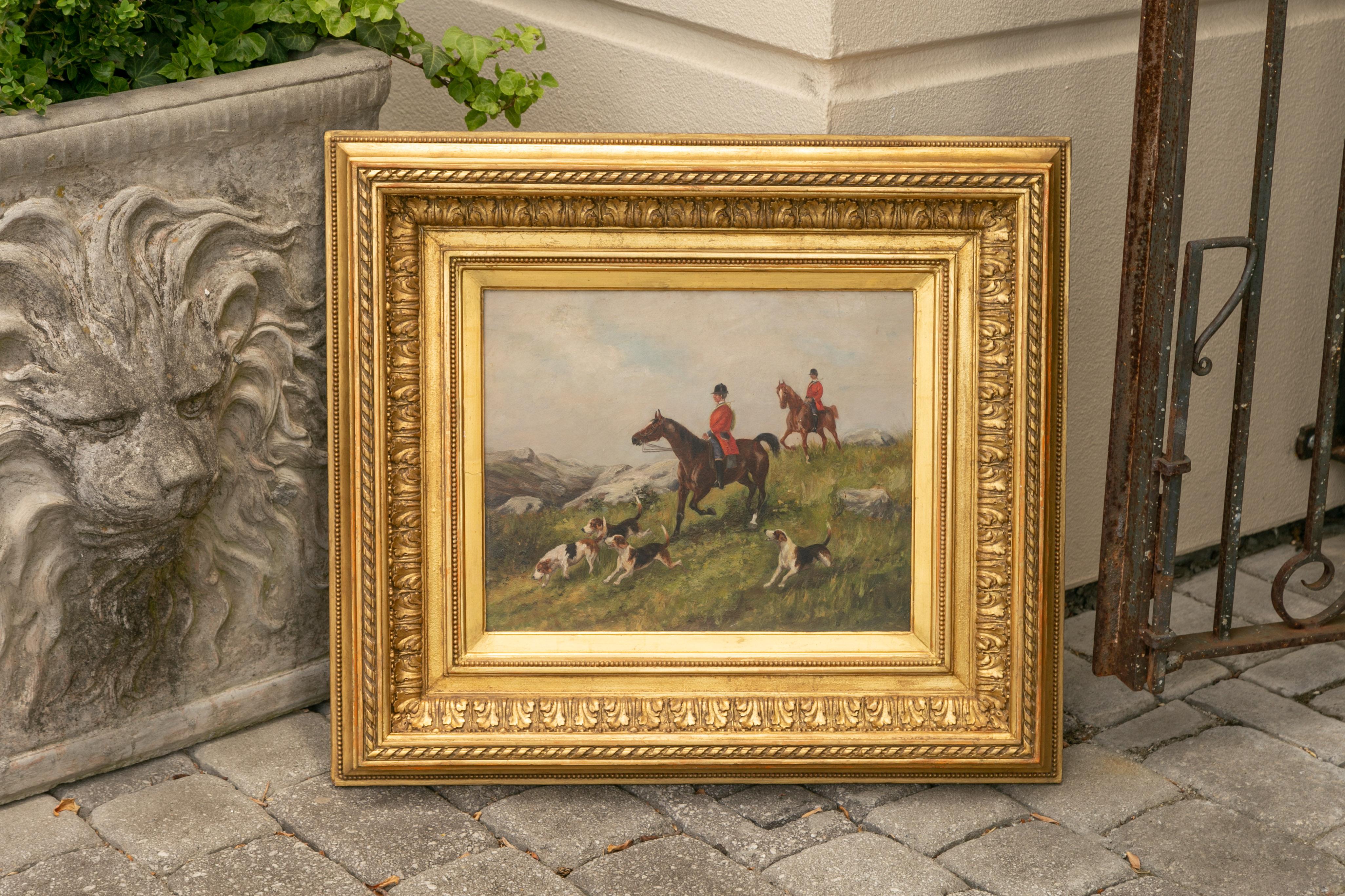 English 1880s Oil on Board Painting Depicting a Hunting Scene, in Antique Frame For Sale 3