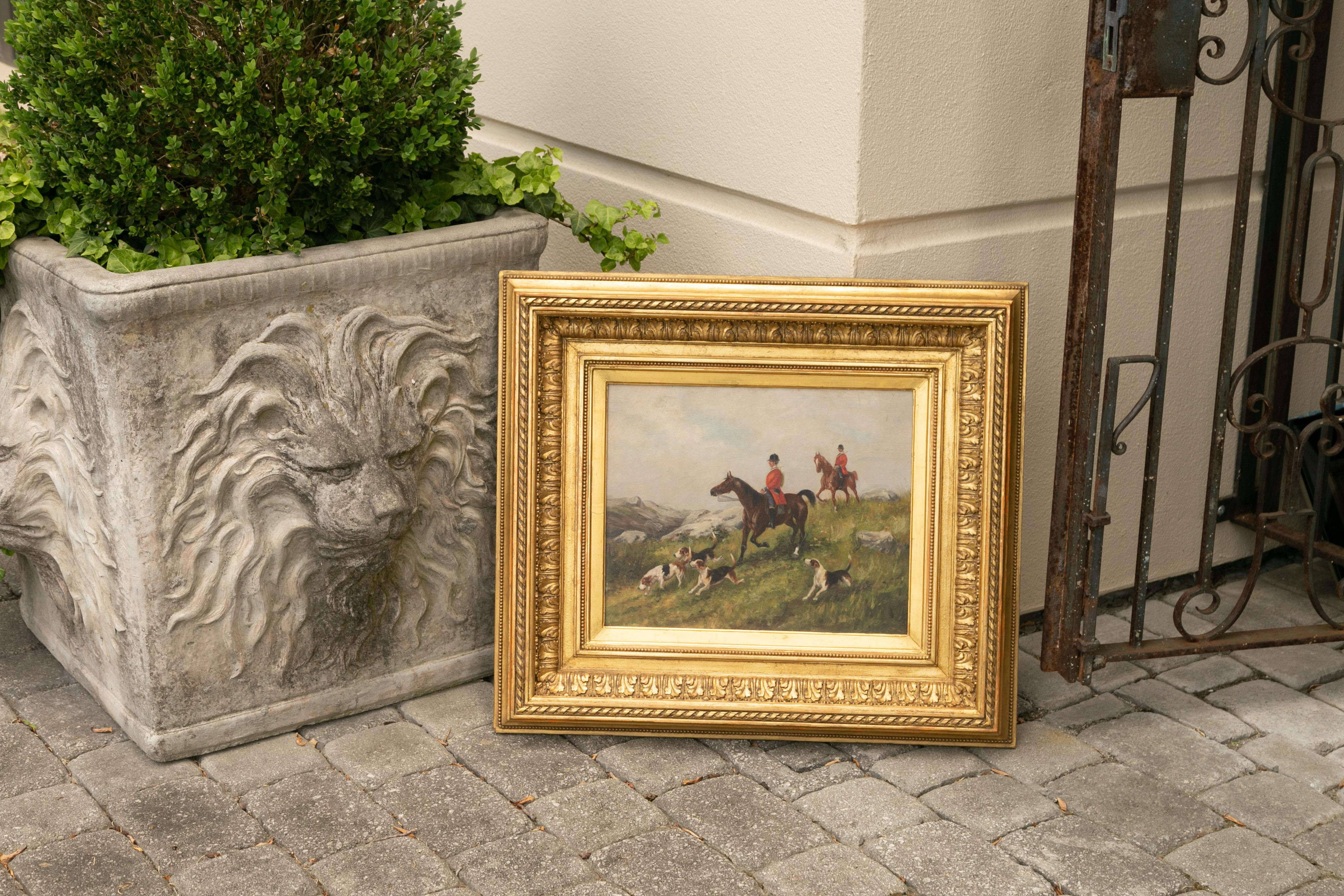 English 1880s Oil on Board Painting Depicting a Hunting Scene, in Antique Frame For Sale 4