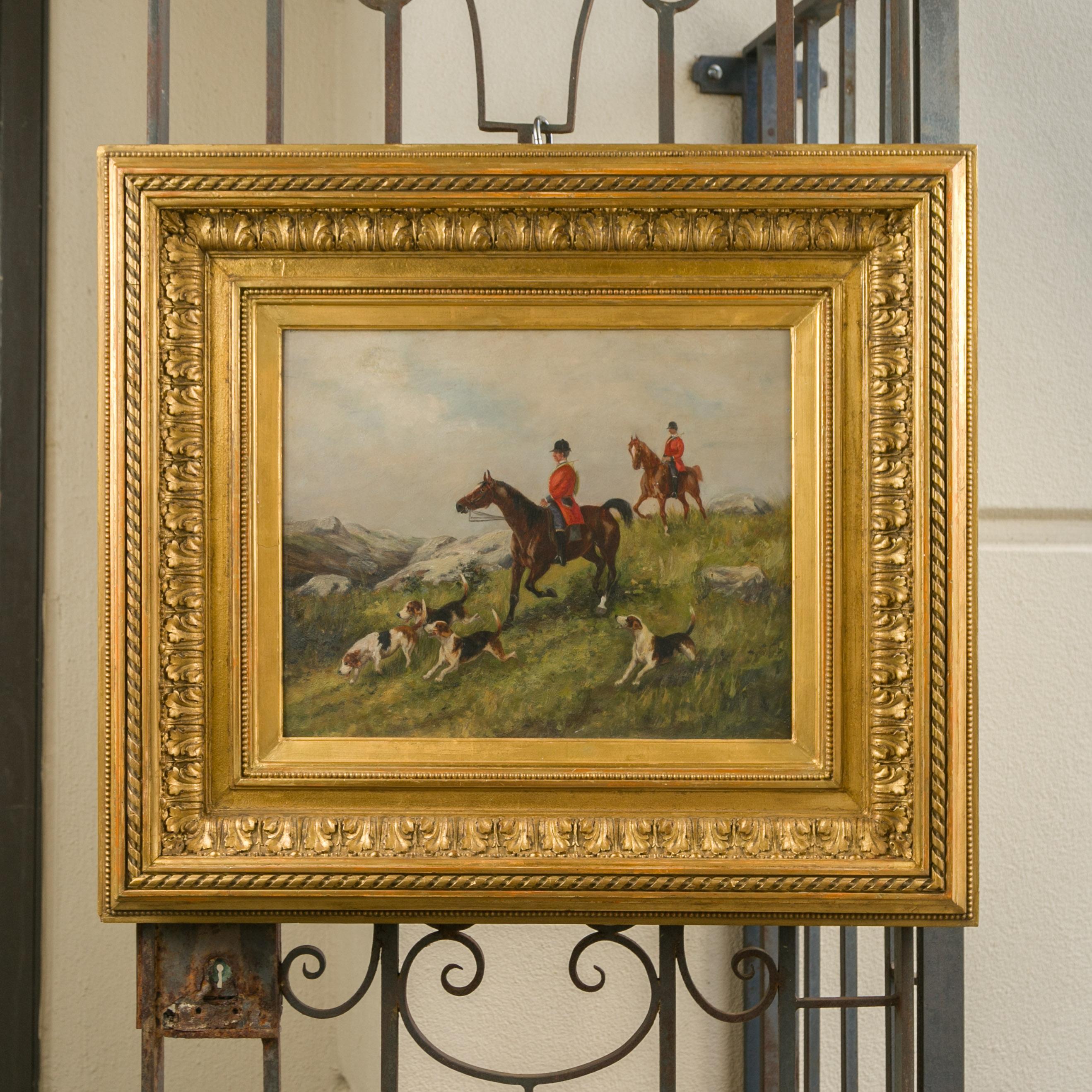 An English oil on board painting from the late 19th century depicting a hunting scene and set in antique frame. Created in England during the last quarter of the 19th century, this oil on board painting depicts a hunting scene. Our eye is