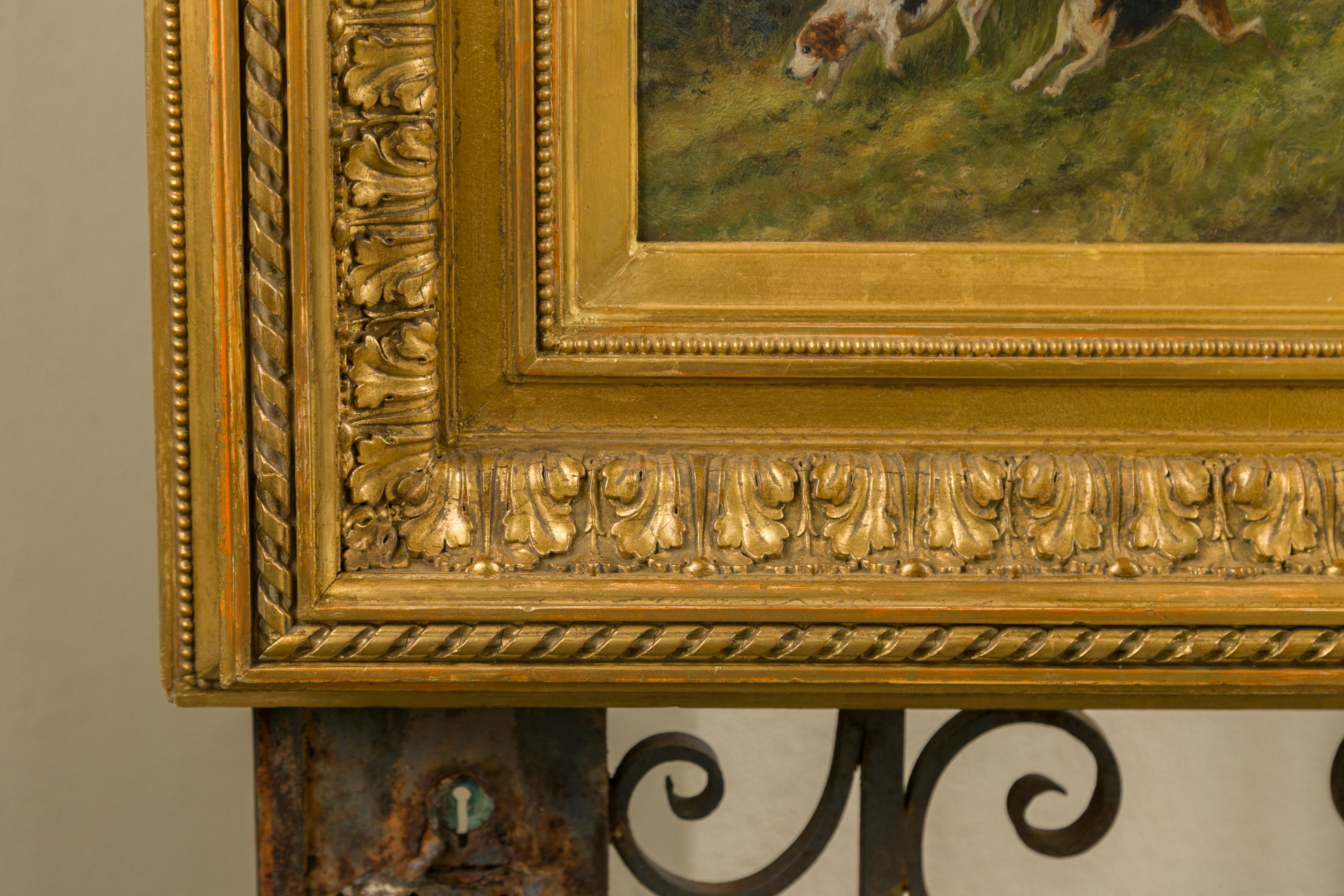 Gilt English 1880s Oil on Board Painting Depicting a Hunting Scene, in Antique Frame For Sale