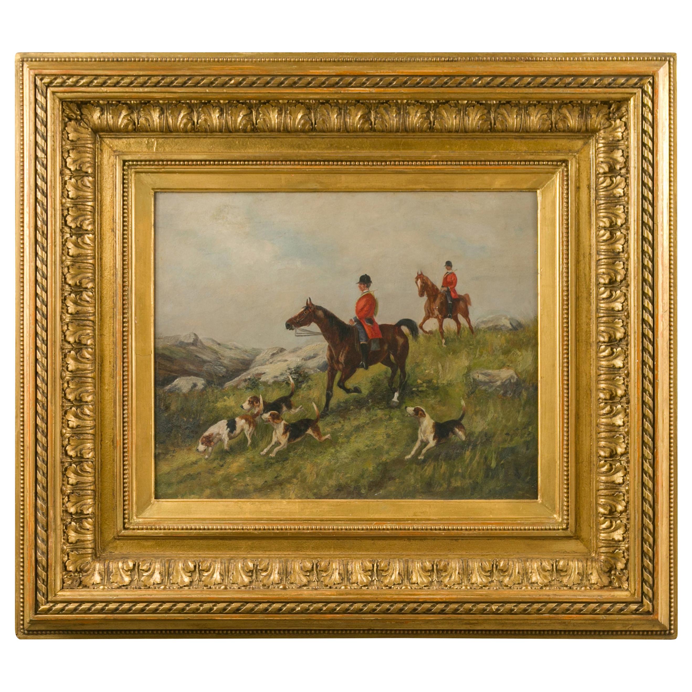 English 1880s Oil on Board Painting Depicting a Hunting Scene, in Antique Frame