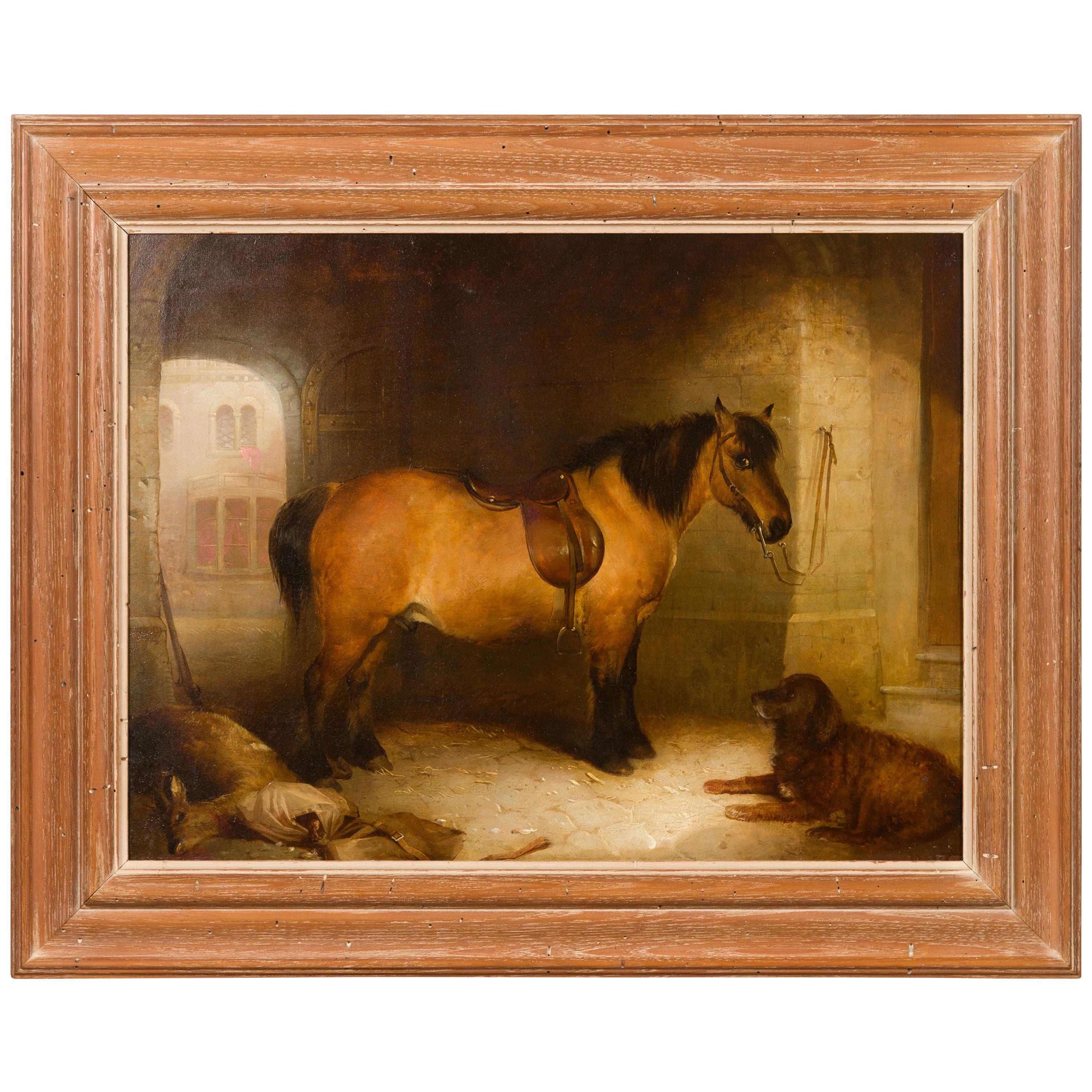 English 1880s Oil on Canvas Horse and Dog Painting from the Circle of Landseer