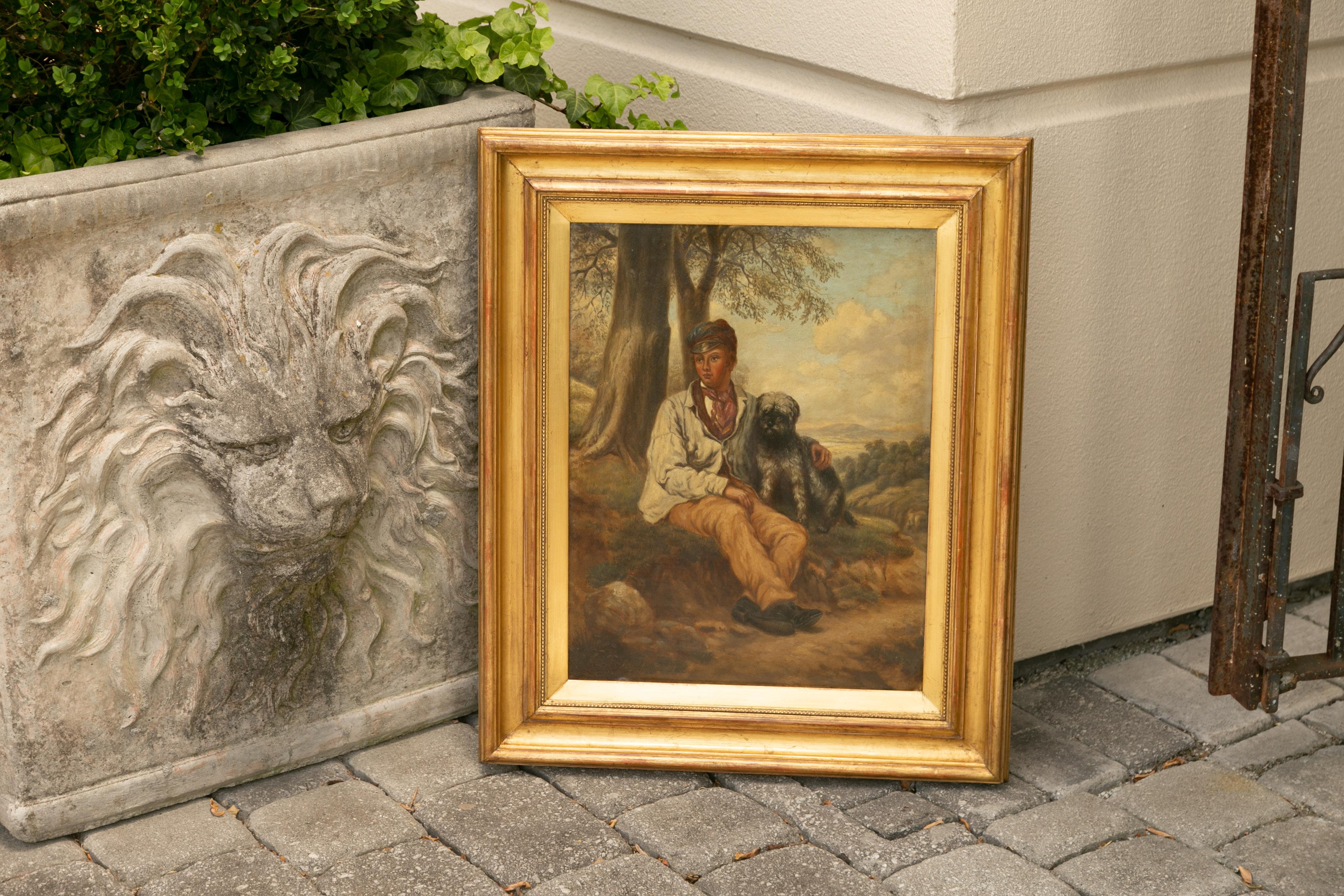 English 1880s Oil on Canvas Painting of a Boy with His Dog in Antique Gilt Frame For Sale 3