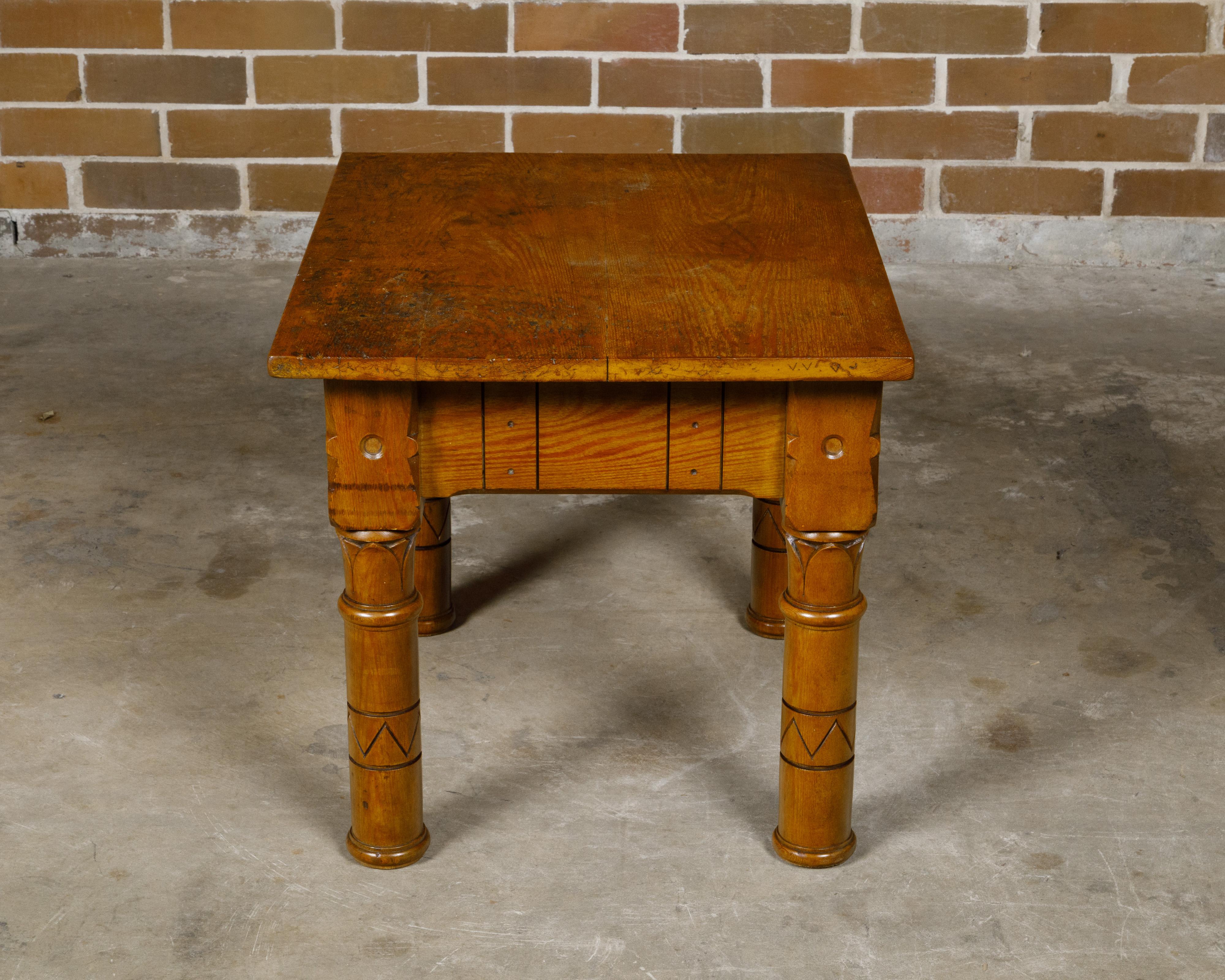 Carved English 1880s Pine Coffee Table with Lotiform Style Legs and Single Drawer For Sale