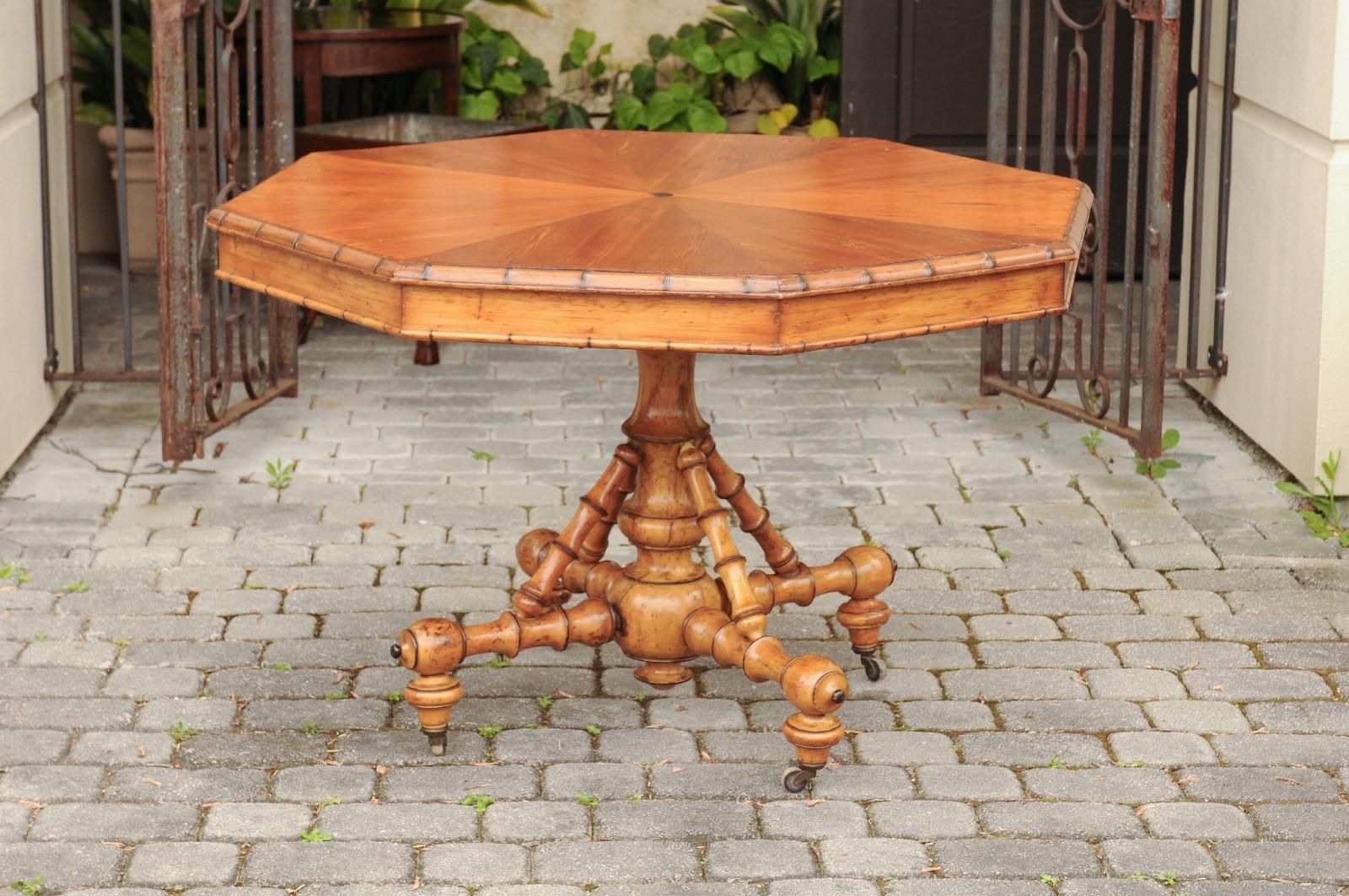 English 1880s Pine Octagonal Table with Faux-Bamboo Base and Radiating Veneer 5