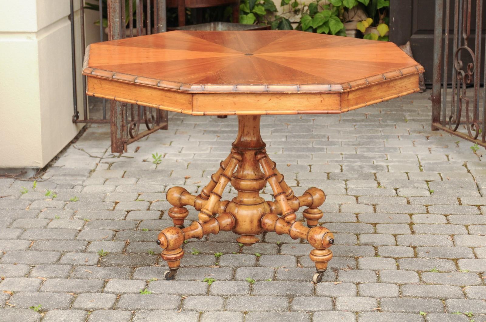 English 1880s Pine Octagonal Table with Faux-Bamboo Base and Radiating Veneer 7