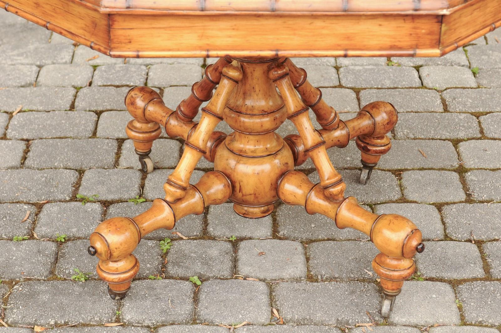 19th Century English 1880s Pine Octagonal Table with Faux-Bamboo Base and Radiating Veneer