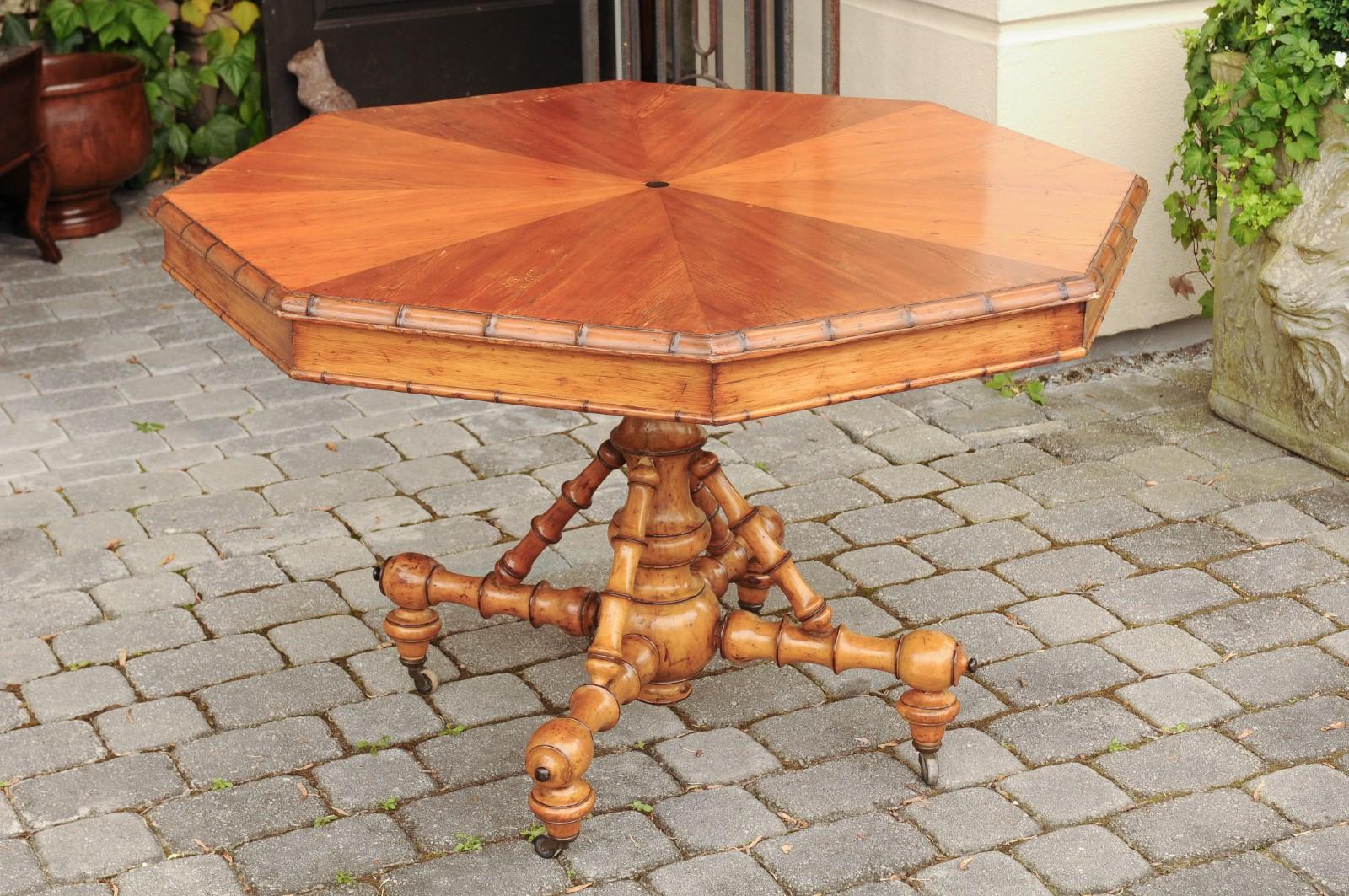 Faux Bamboo English 1880s Pine Octagonal Table with Faux-Bamboo Base and Radiating Veneer