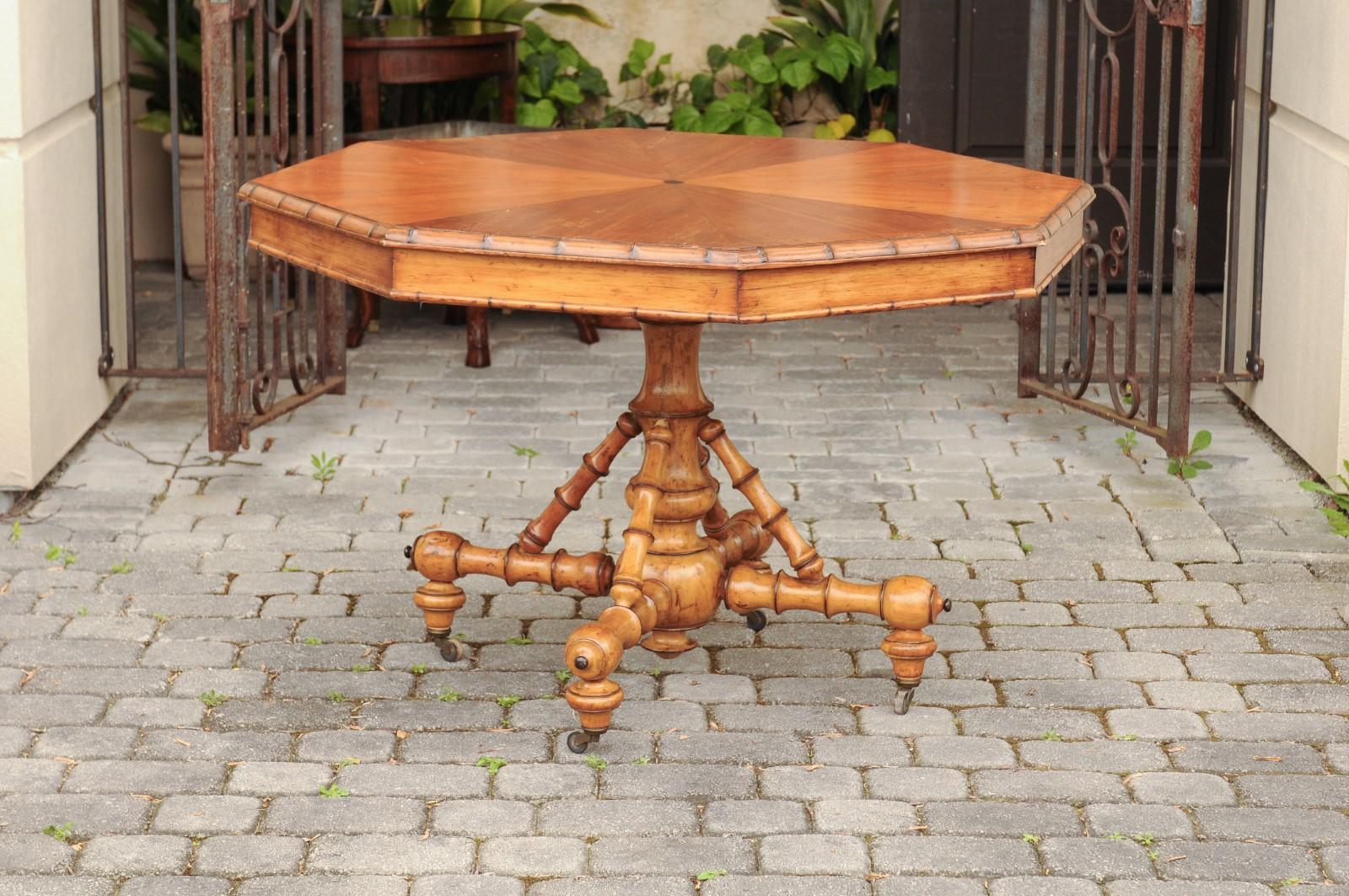 English 1880s Pine Octagonal Table with Faux-Bamboo Base and Radiating Veneer 1