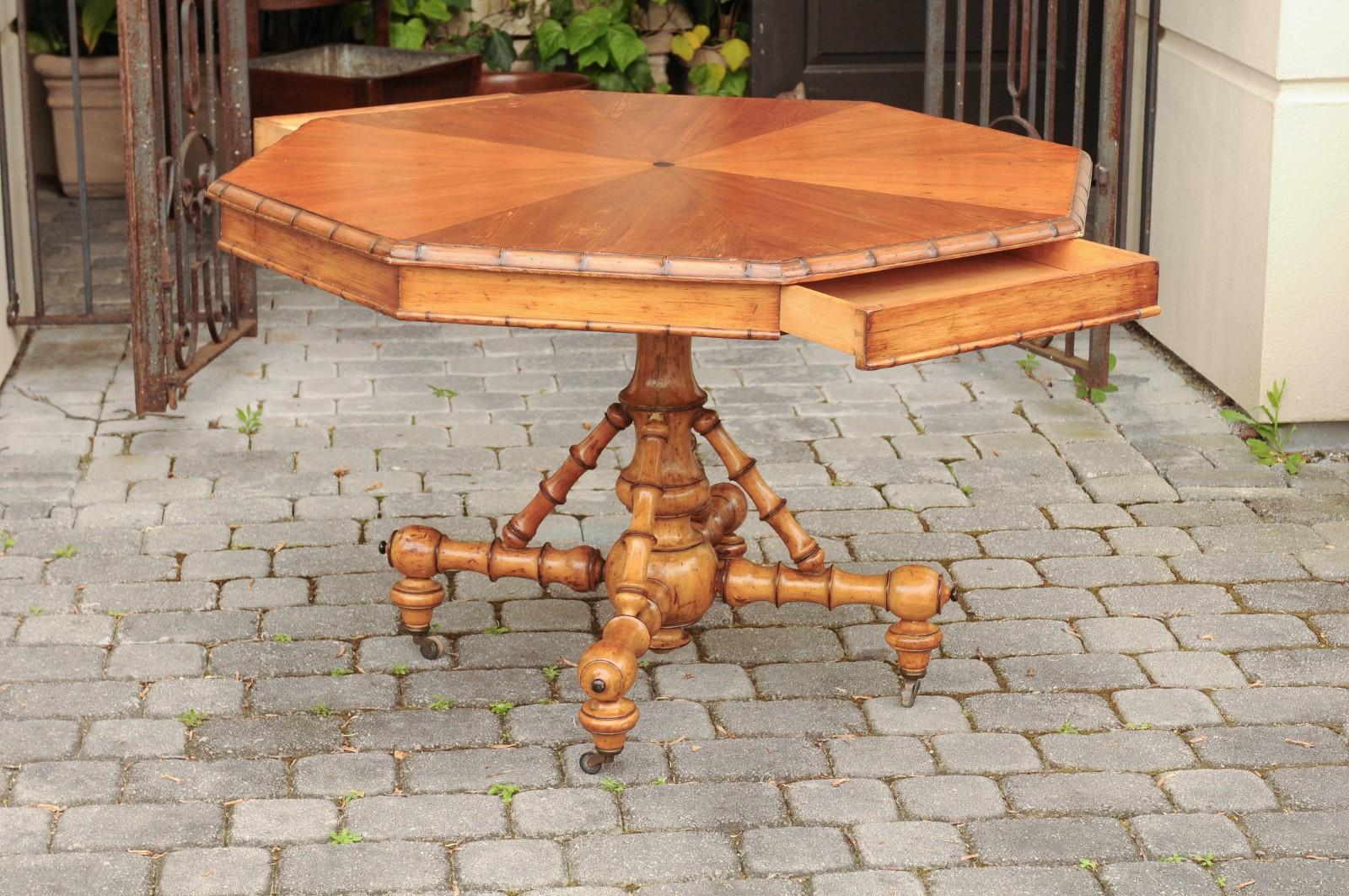 English 1880s Pine Octagonal Table with Faux-Bamboo Base and Radiating Veneer 2