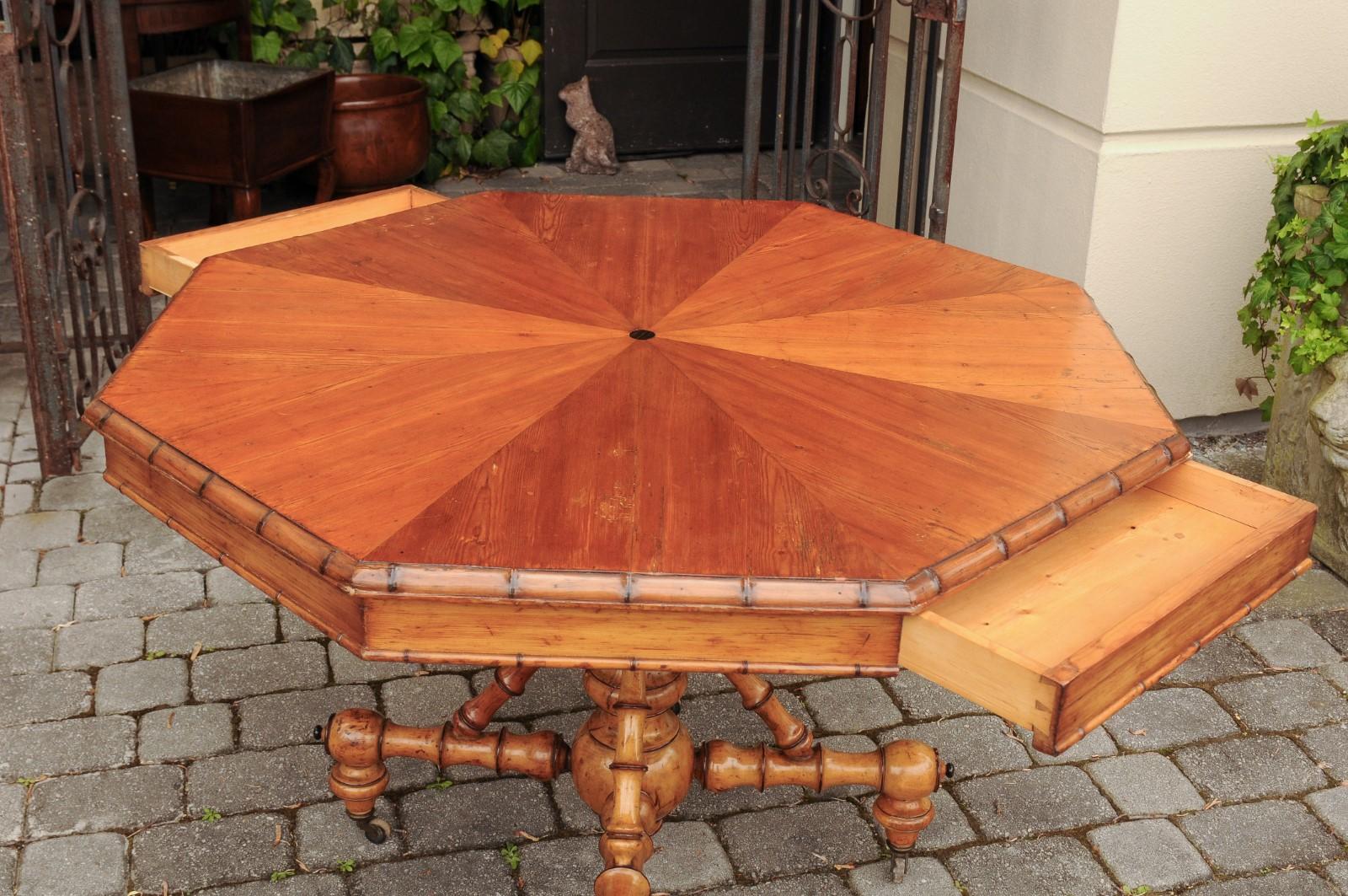 English 1880s Pine Octagonal Table with Faux-Bamboo Base and Radiating Veneer 3