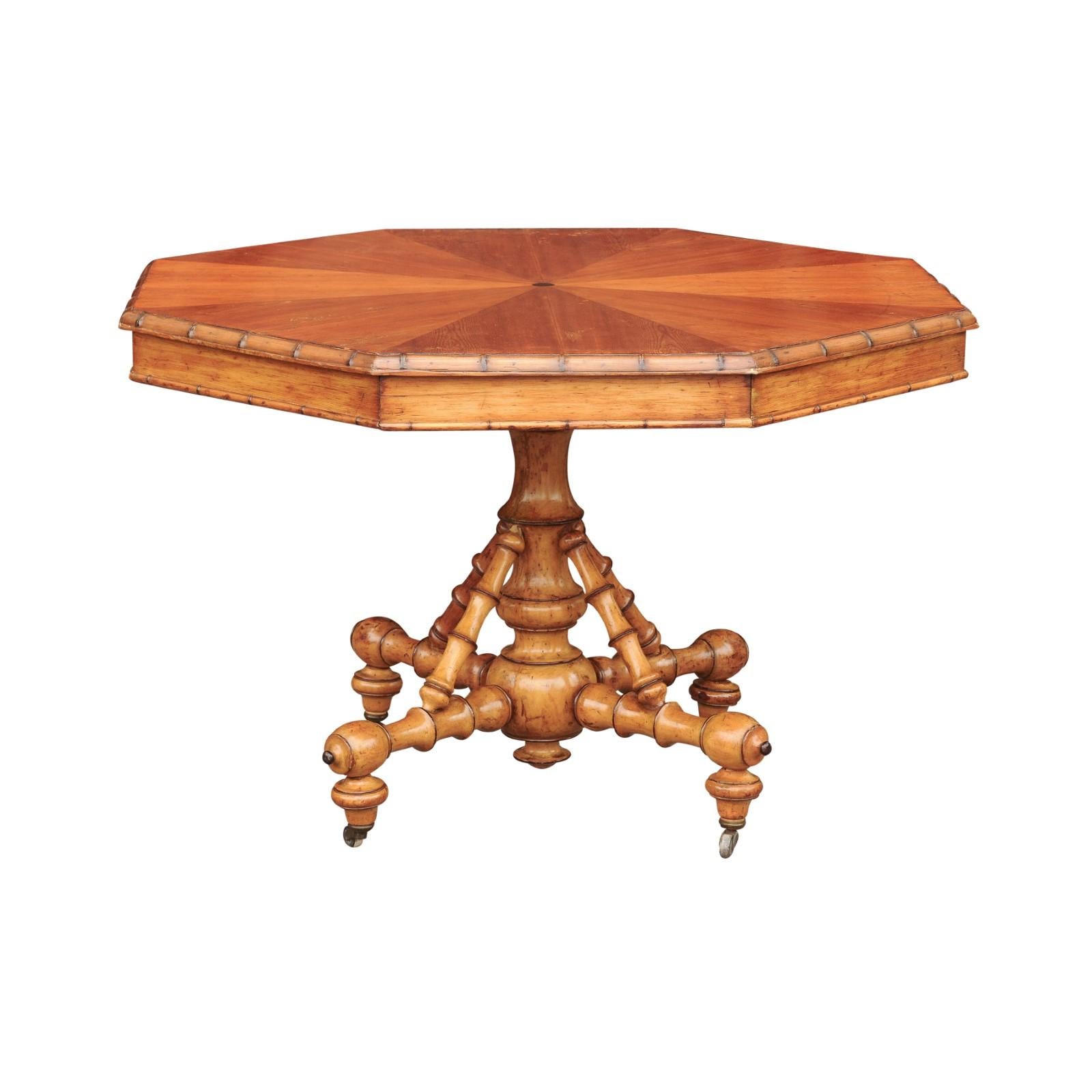 English 1880s Pine Octagonal Table with Faux-Bamboo Base and Radiating Veneer