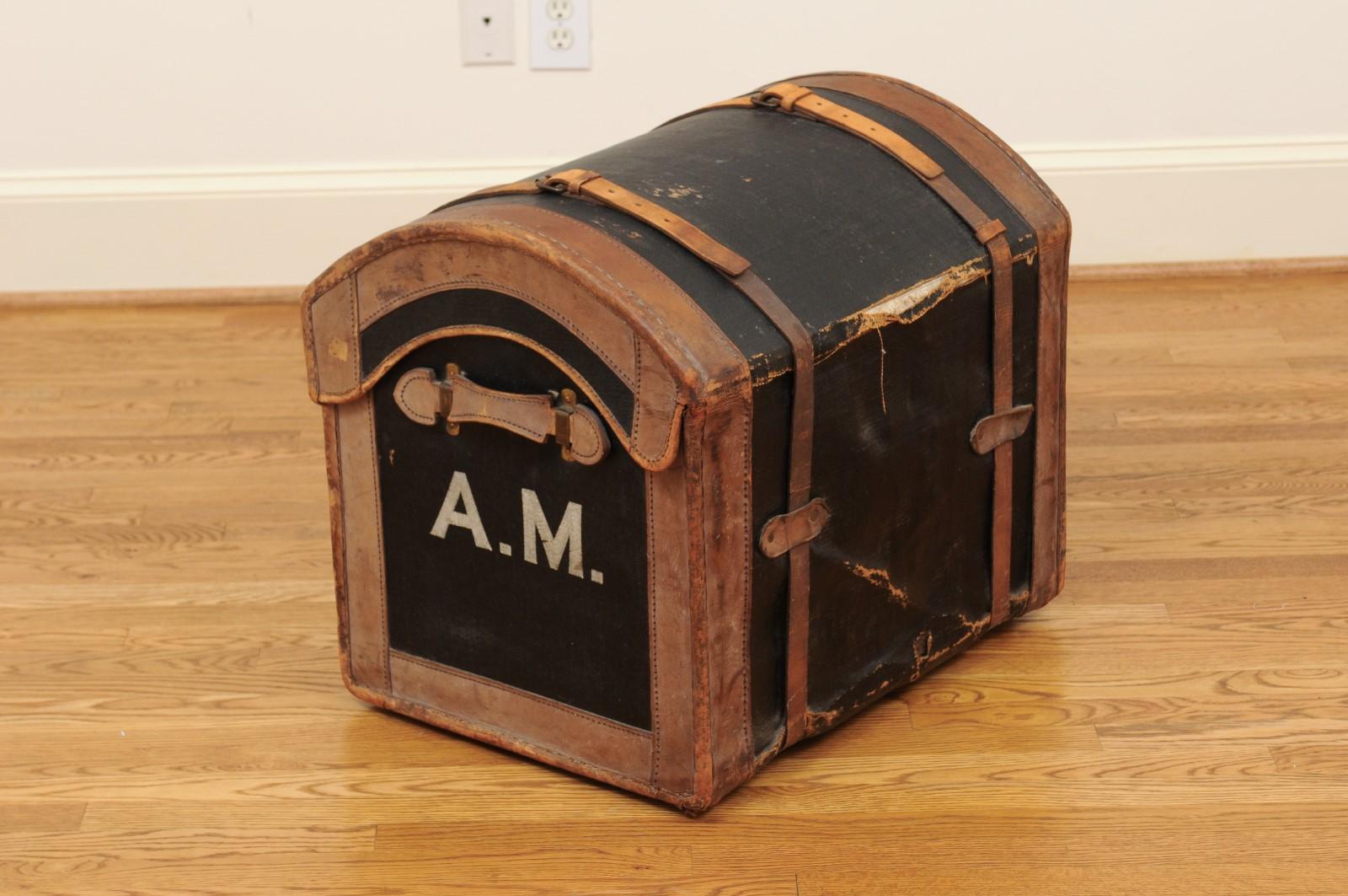 English 1880s Rustic Brown and Black Leather Trunk with Side Monogram 4