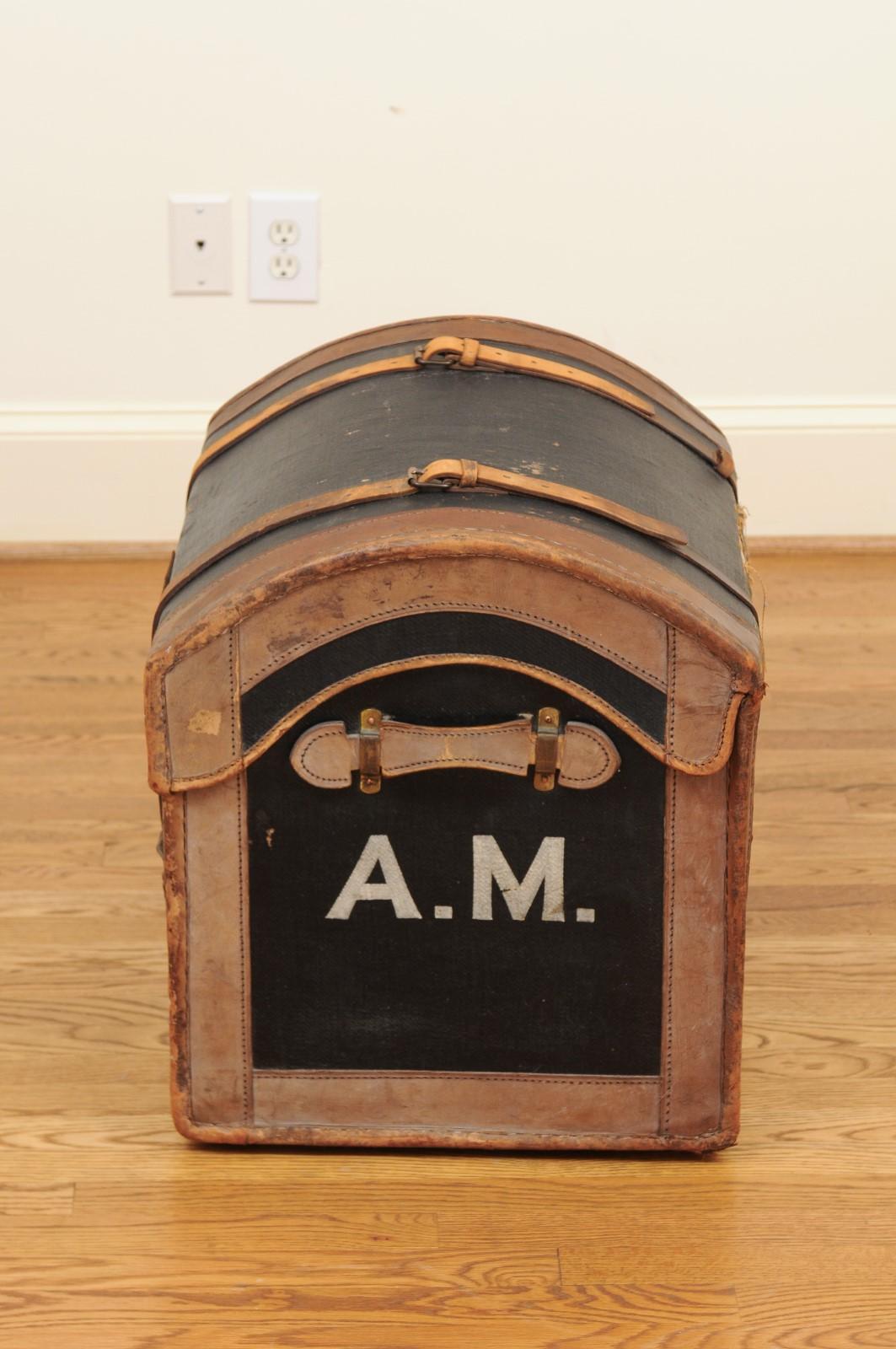 English 1880s Rustic Brown and Black Leather Trunk with Side Monogram 5