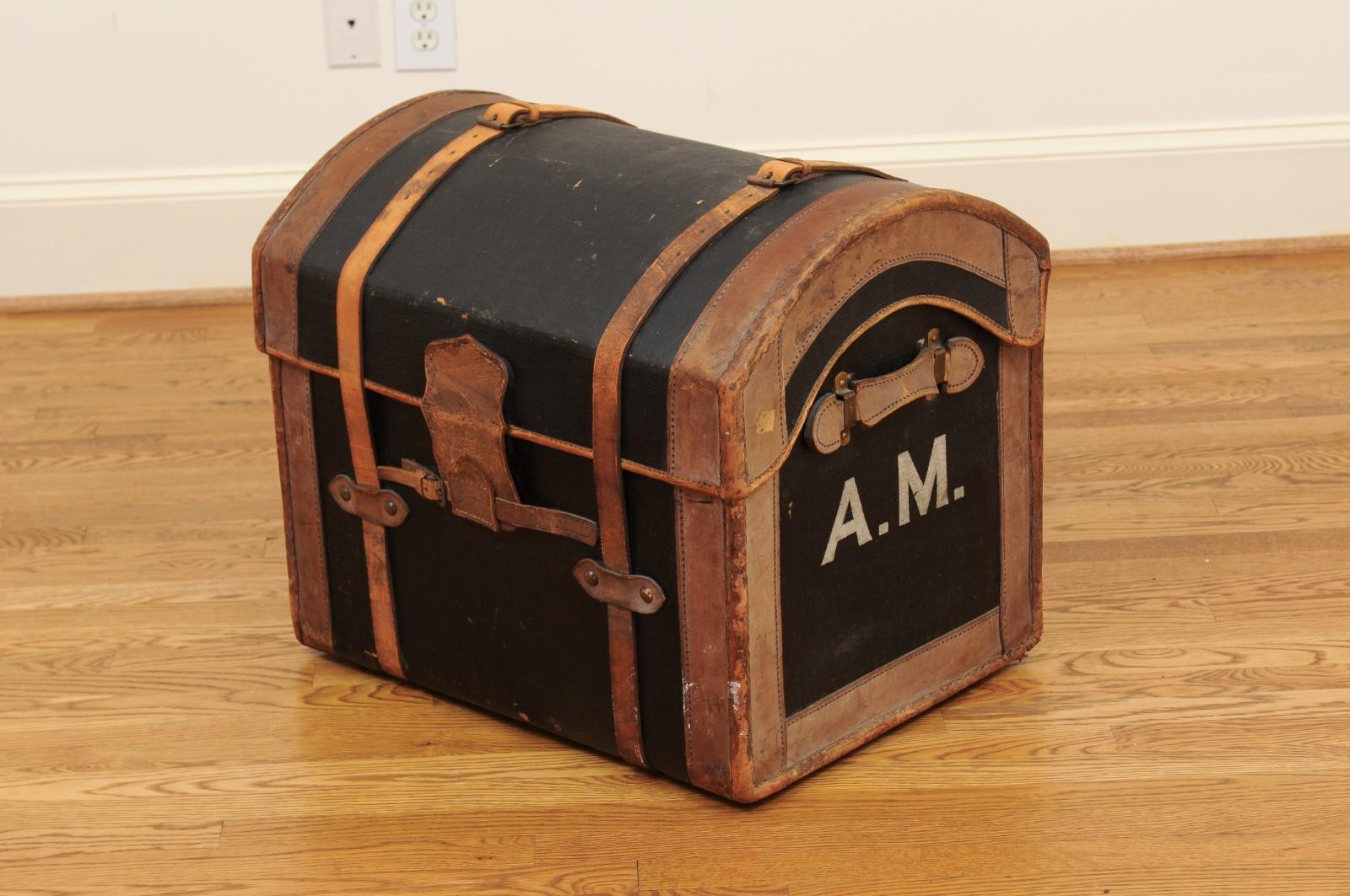 English 1880s Rustic Brown and Black Leather Trunk with Side Monogram 6