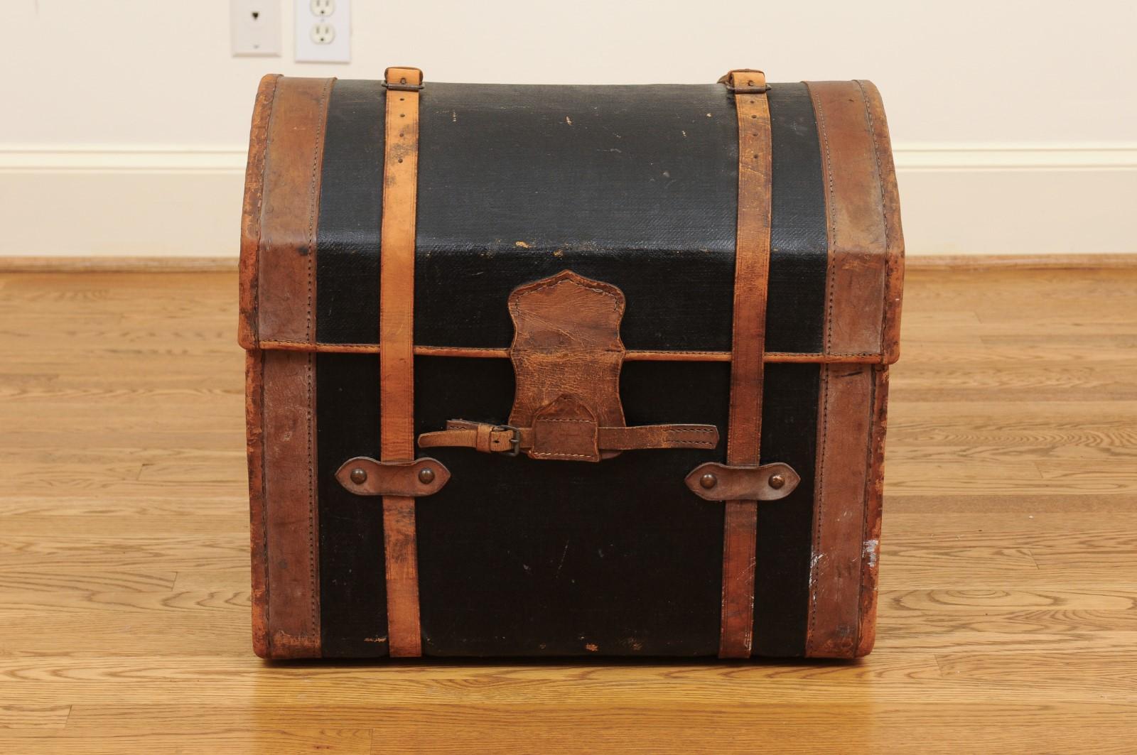 English 1880s Rustic Brown and Black Leather Trunk with Side Monogram 7
