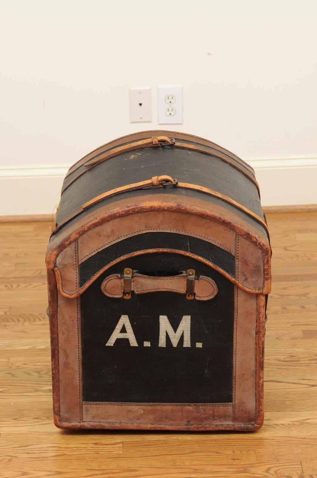 English 1880s Rustic Brown and Black Leather Trunk with Side Monogram 1
