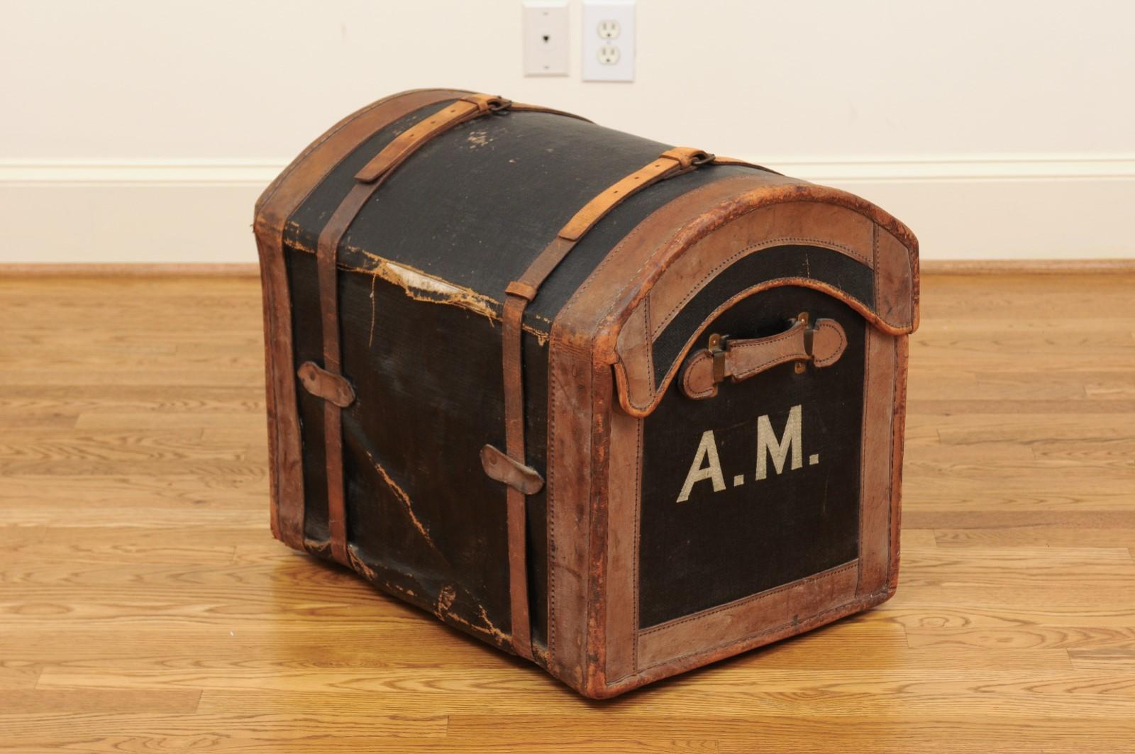 English 1880s Rustic Brown and Black Leather Trunk with Side Monogram 2