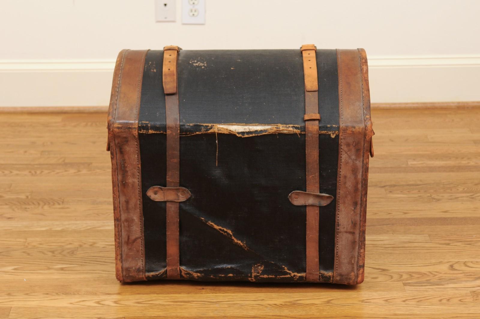 English 1880s Rustic Brown and Black Leather Trunk with Side Monogram 3