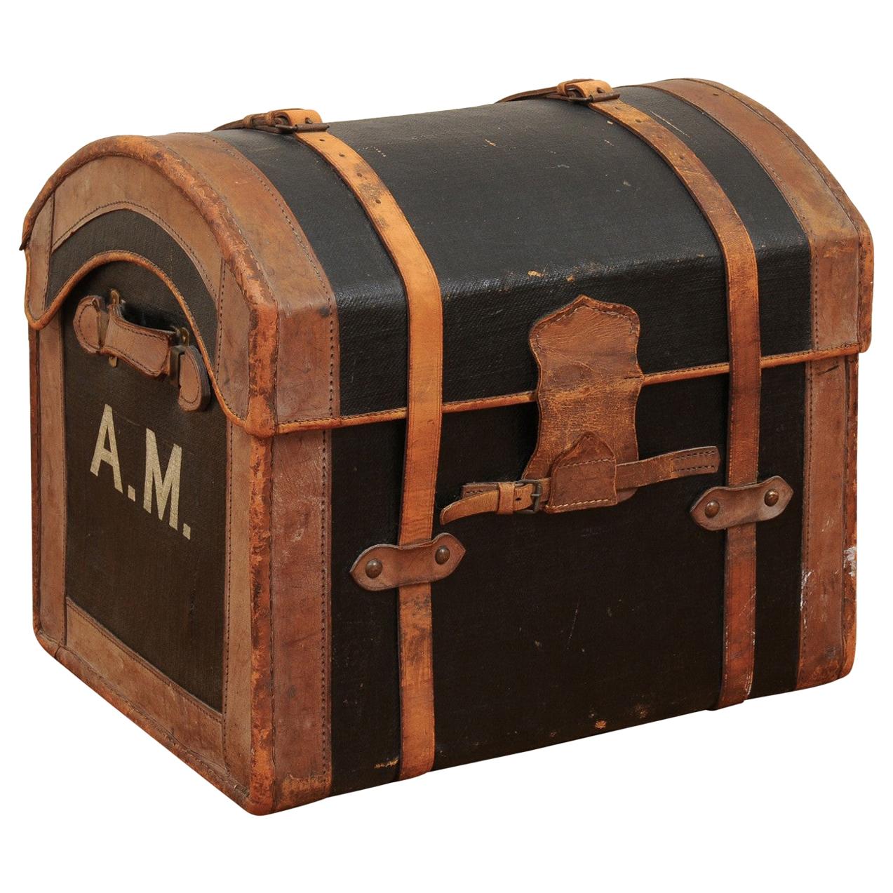 English 1880s Rustic Brown and Black Leather Trunk with Side Monogram