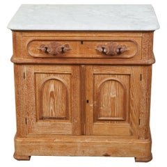 Used English 1880s Small Cabinet with White Marble Top, Carved Drawer and Two Doors