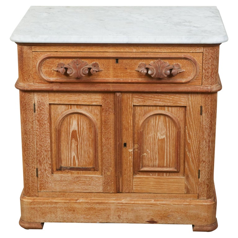 English 1880s Small with White Marble Top, Carved Drawer and