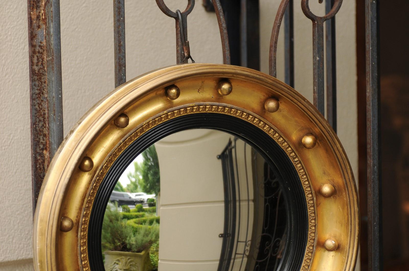 19th Century English 1880s Small Gilt and Ebonized Wood Girandole Bull’s-Eye Convex Mirror