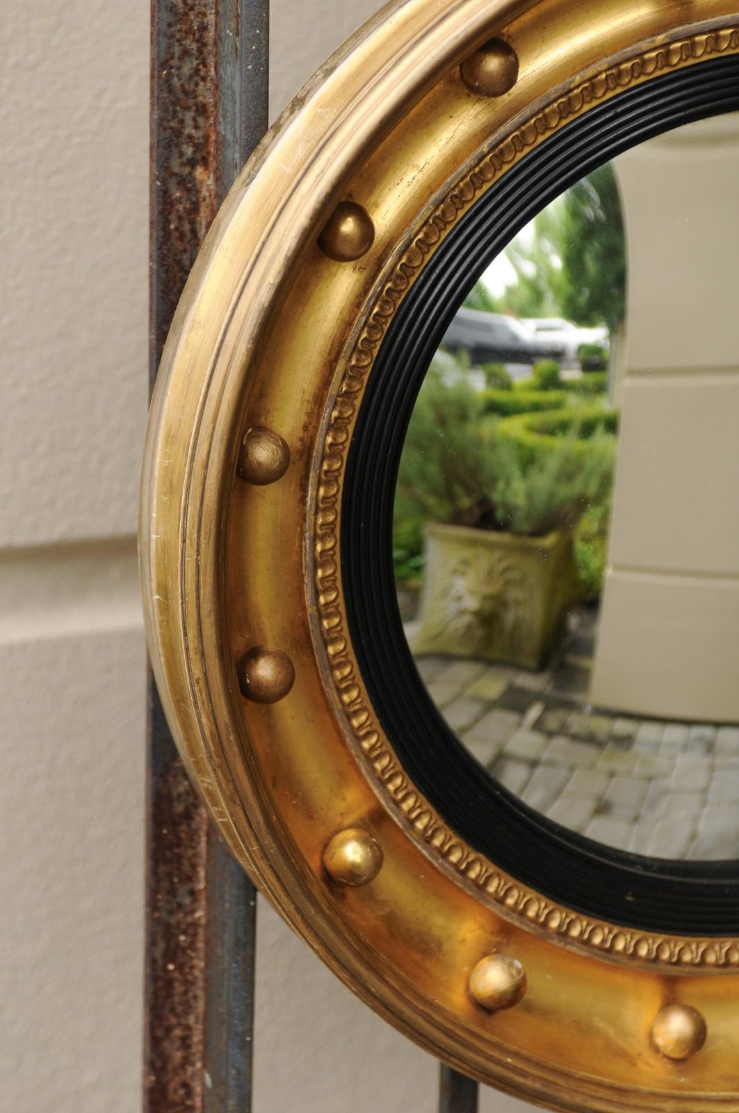 English 1880s Small Gilt and Ebonized Wood Girandole Bull’s-Eye Convex Mirror 2