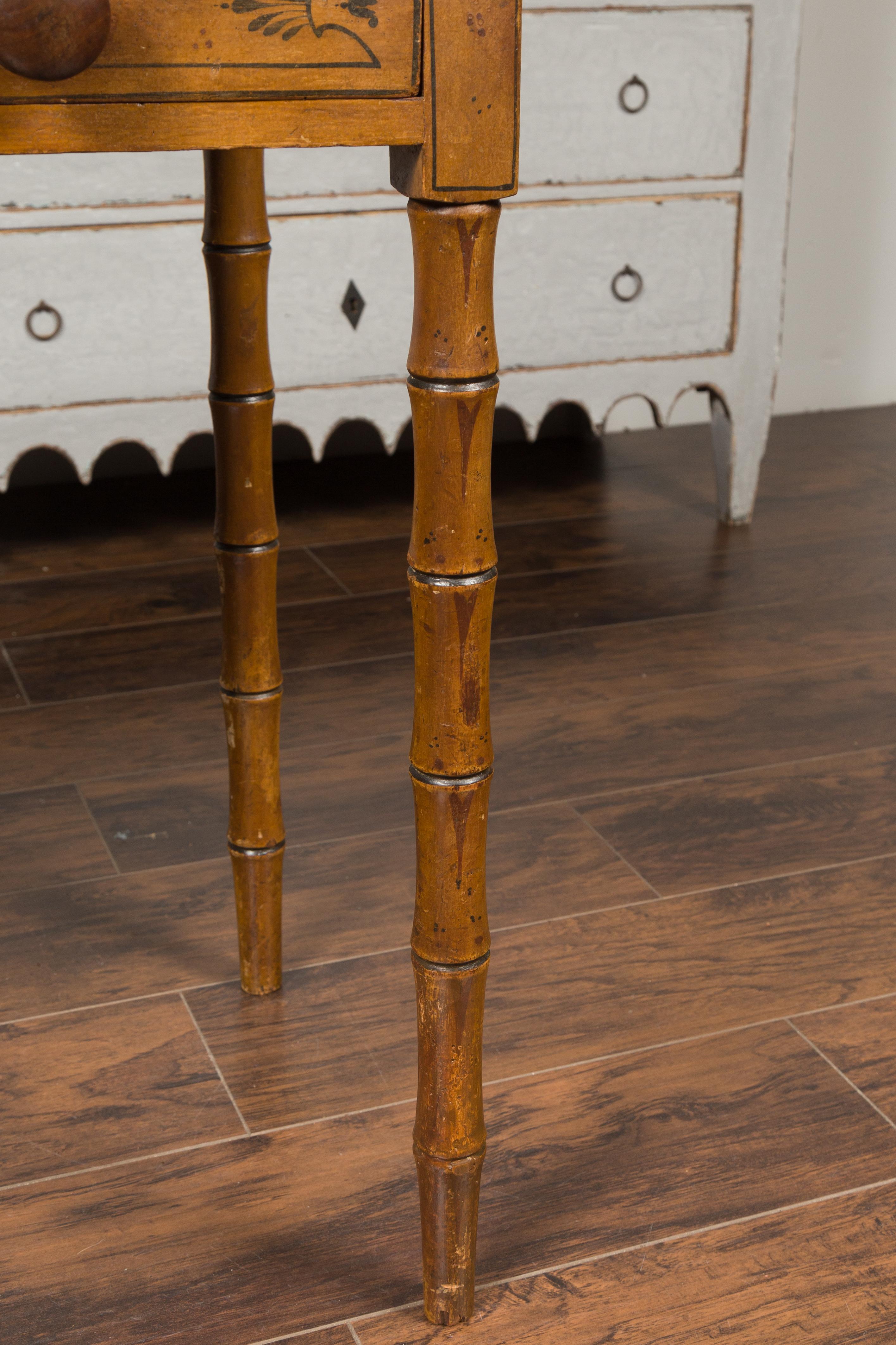 English 1880s Table with Painted Motifs, Two Drawers and Faux Bamboo Legs For Sale 4