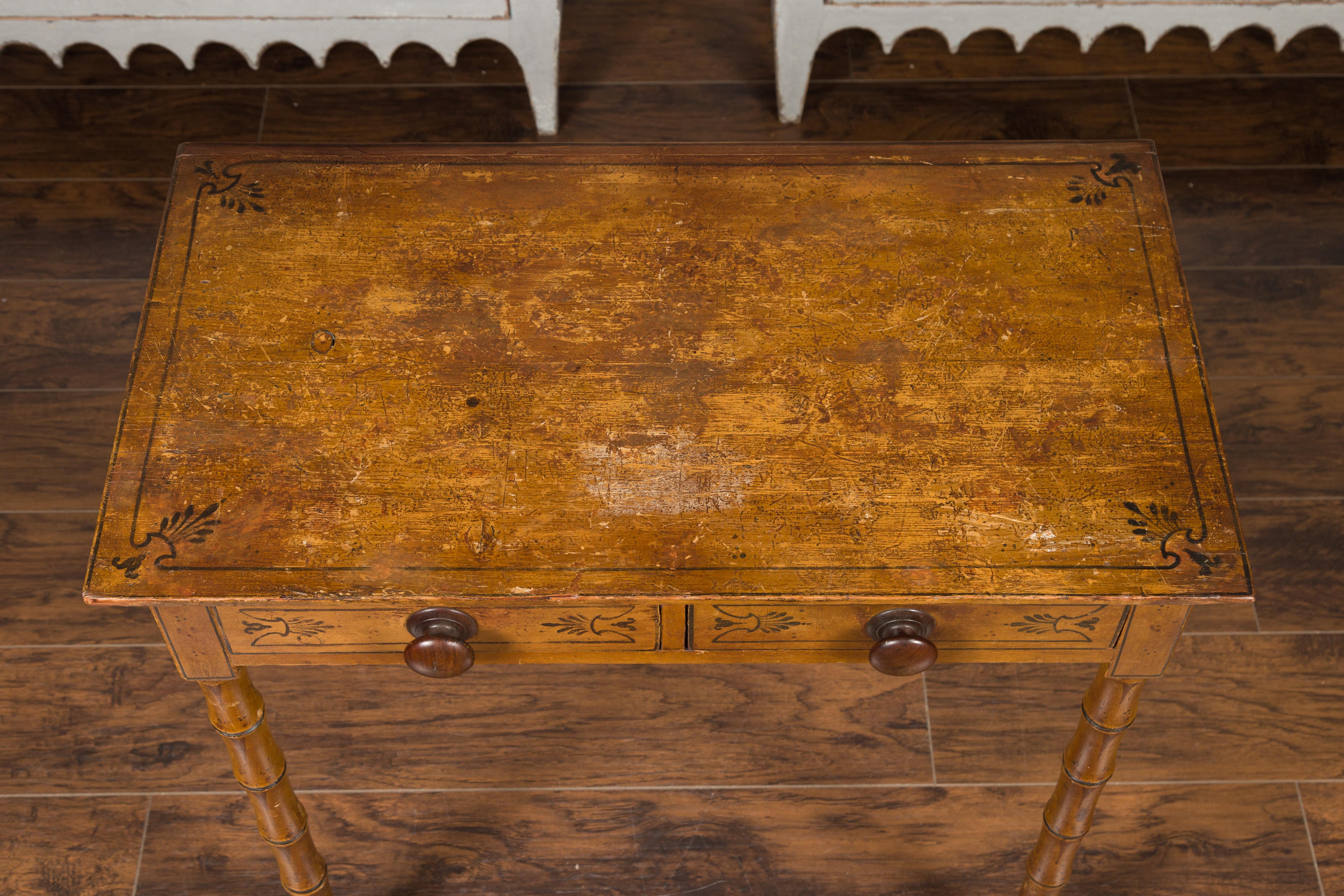 English 1880s Table with Painted Motifs, Two Drawers and Faux Bamboo Legs For Sale 6